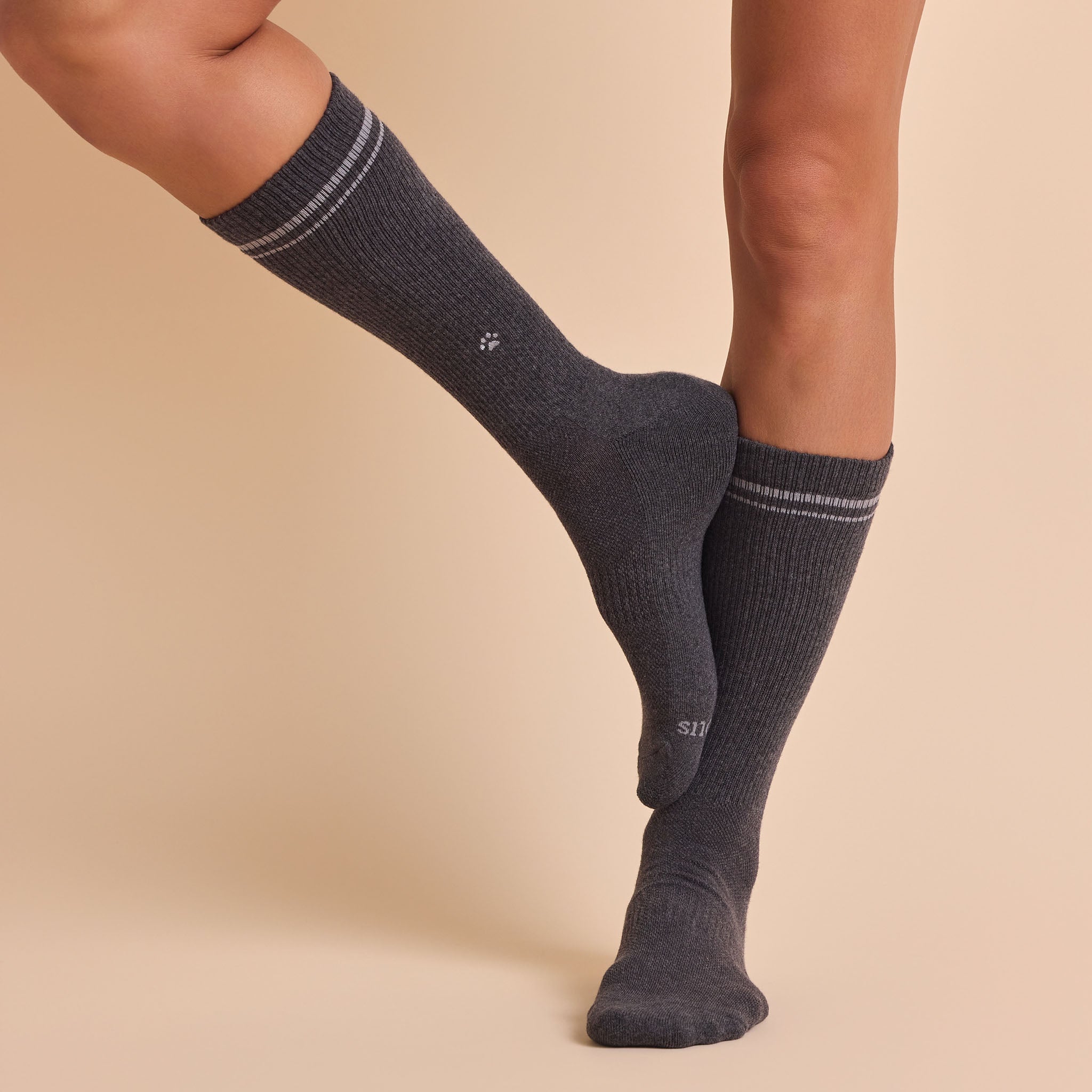 Comfort Crew Socks that Save Dogs — ribbed organic cotton crew socks in gray & black, paw print embroidery