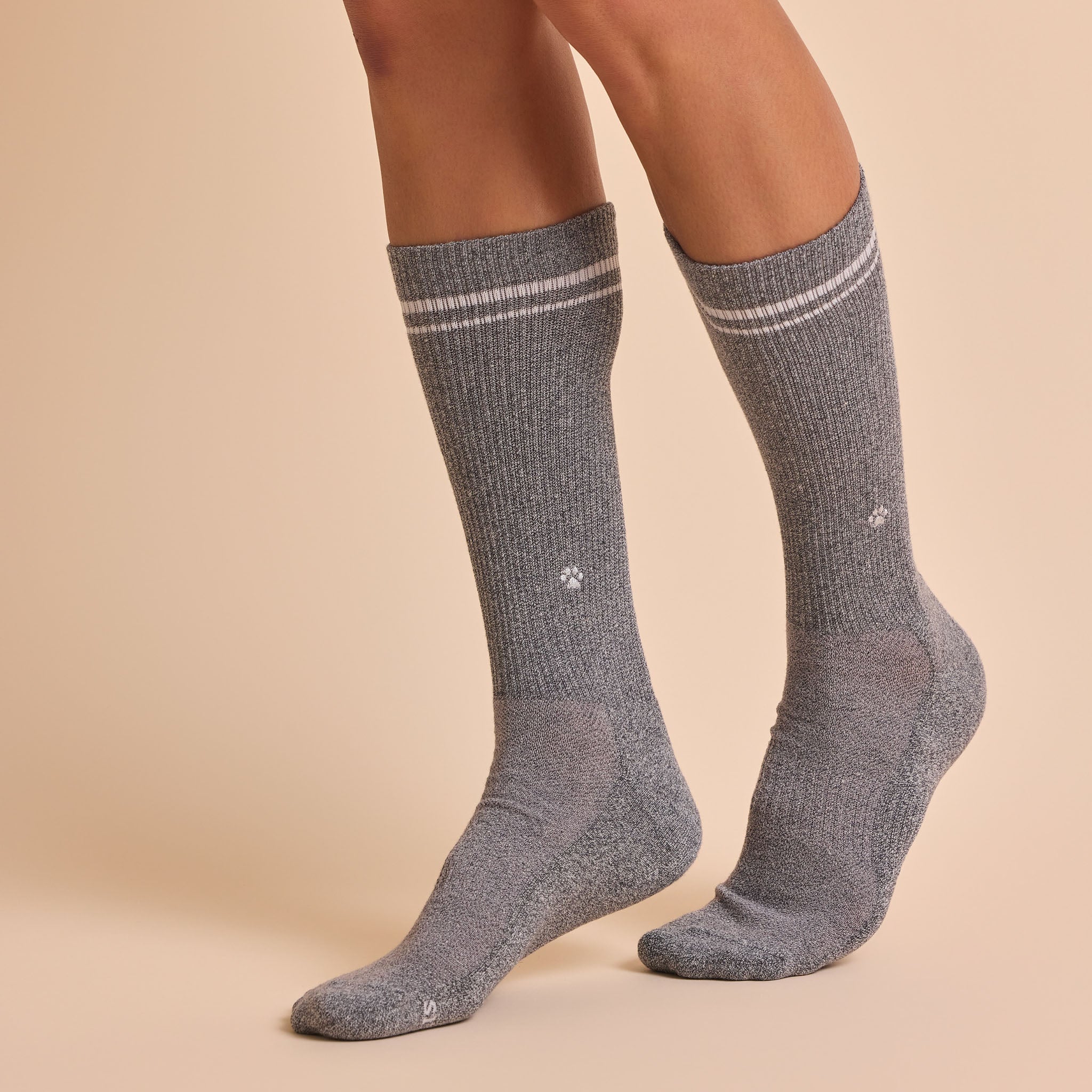 Comfort Crew Socks that Save Dogs — ribbed organic cotton crew socks in gray & black, paw print embroidery