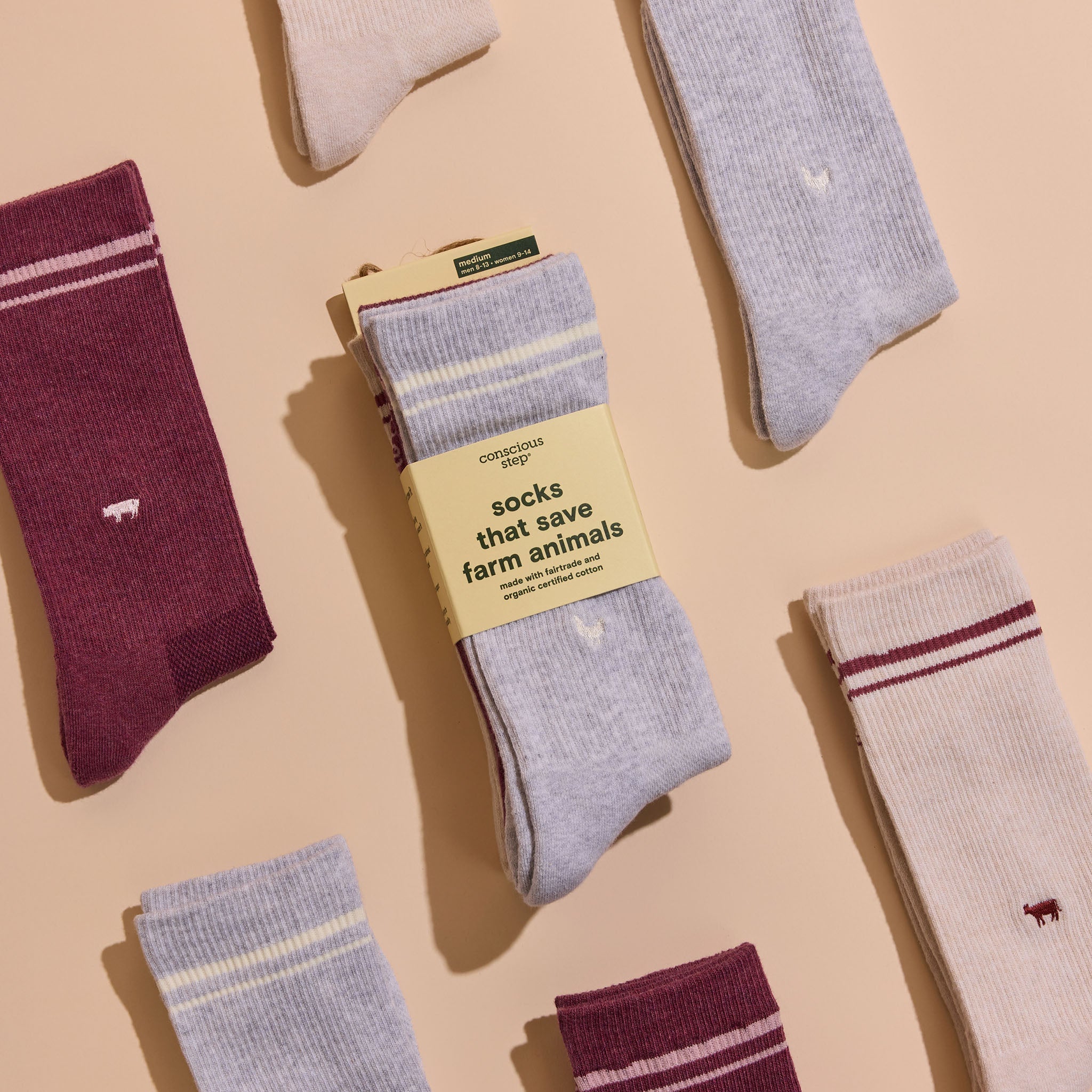 Comfort Crew Socks that Save Farm Animals — ribbed organic cotton crew socks in beige, gray & plum