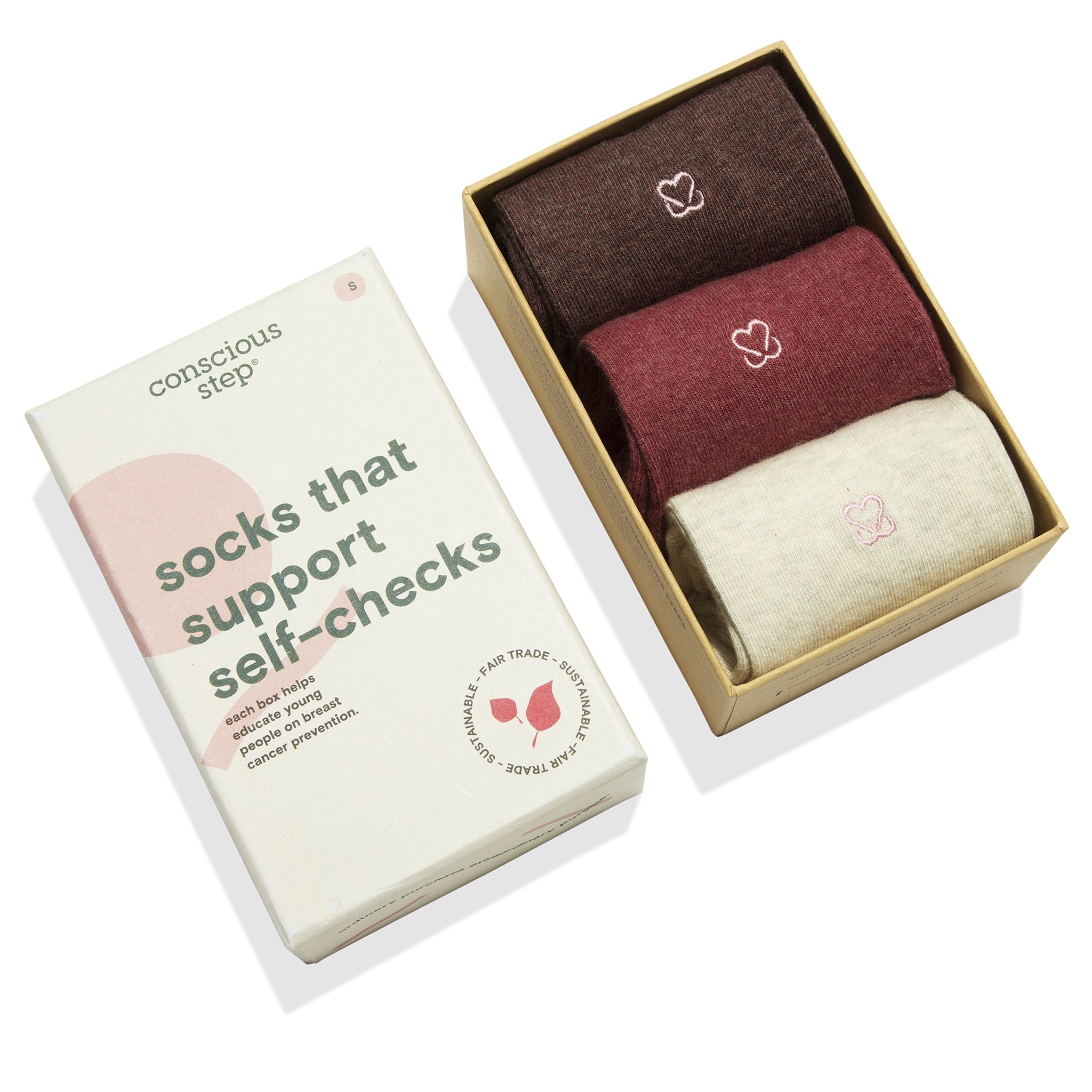 Socks that Support Self-Checks gift box — organic cotton socks in plum, pink & cream, heart embroidery