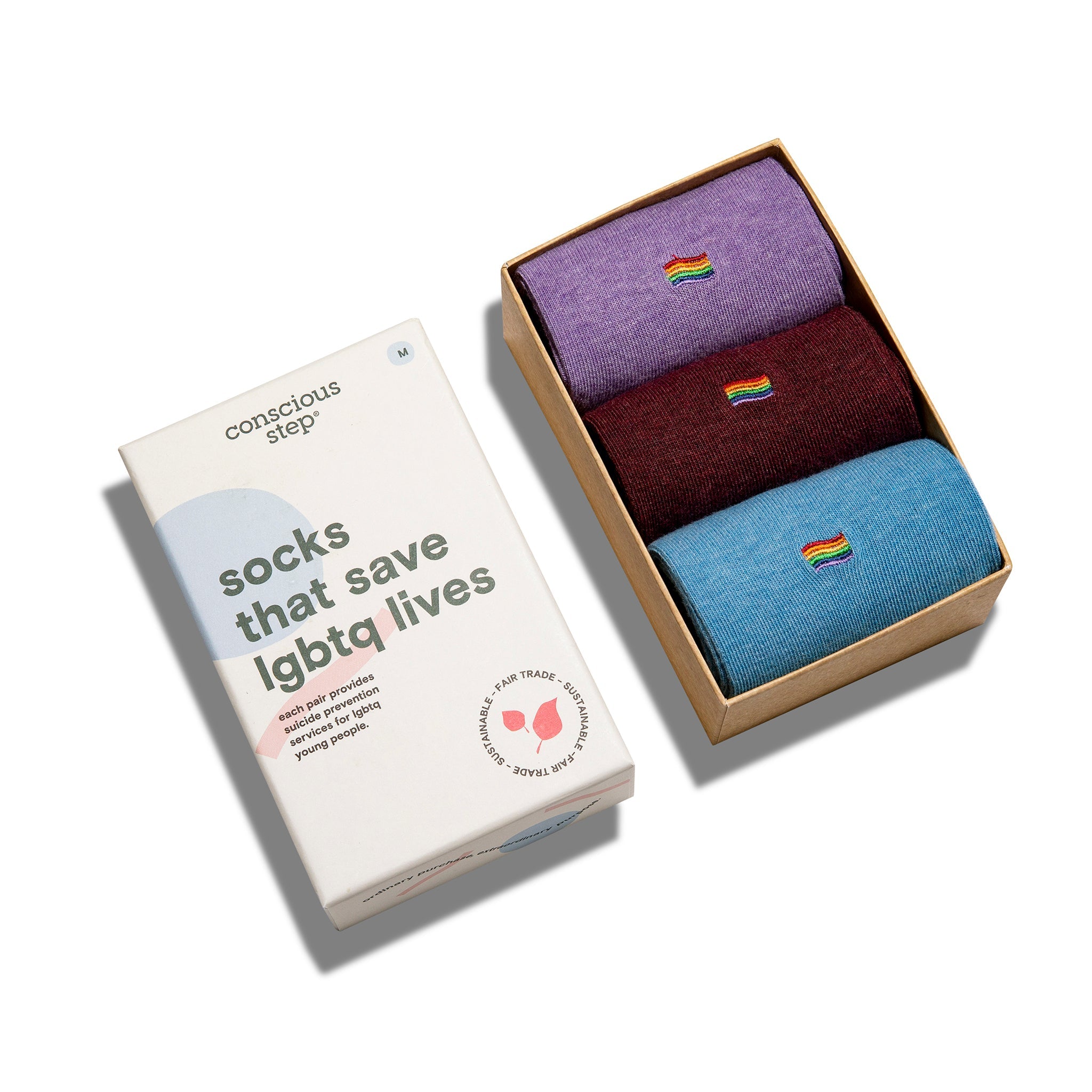 Socks that Save LGBTQ Lives 3-pack — organic cotton socks with rainbow flag embroidery, gives back