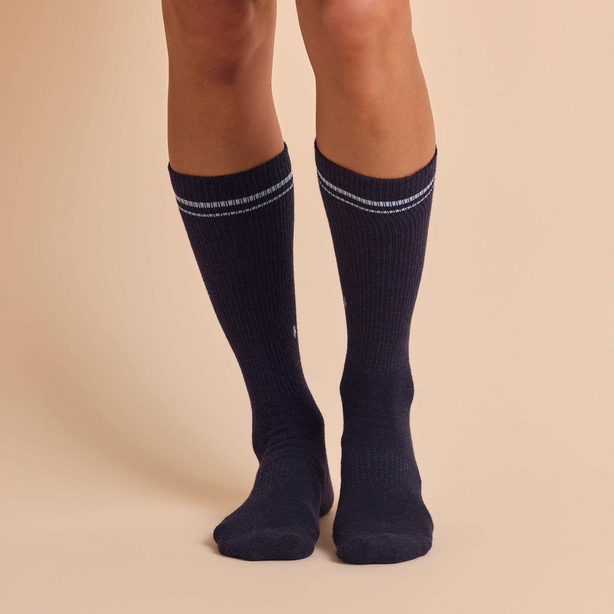Comfort Crew Socks that Support Mental Health — ribbed organic cotton crew socks, white/blue/navy, supports NAMI