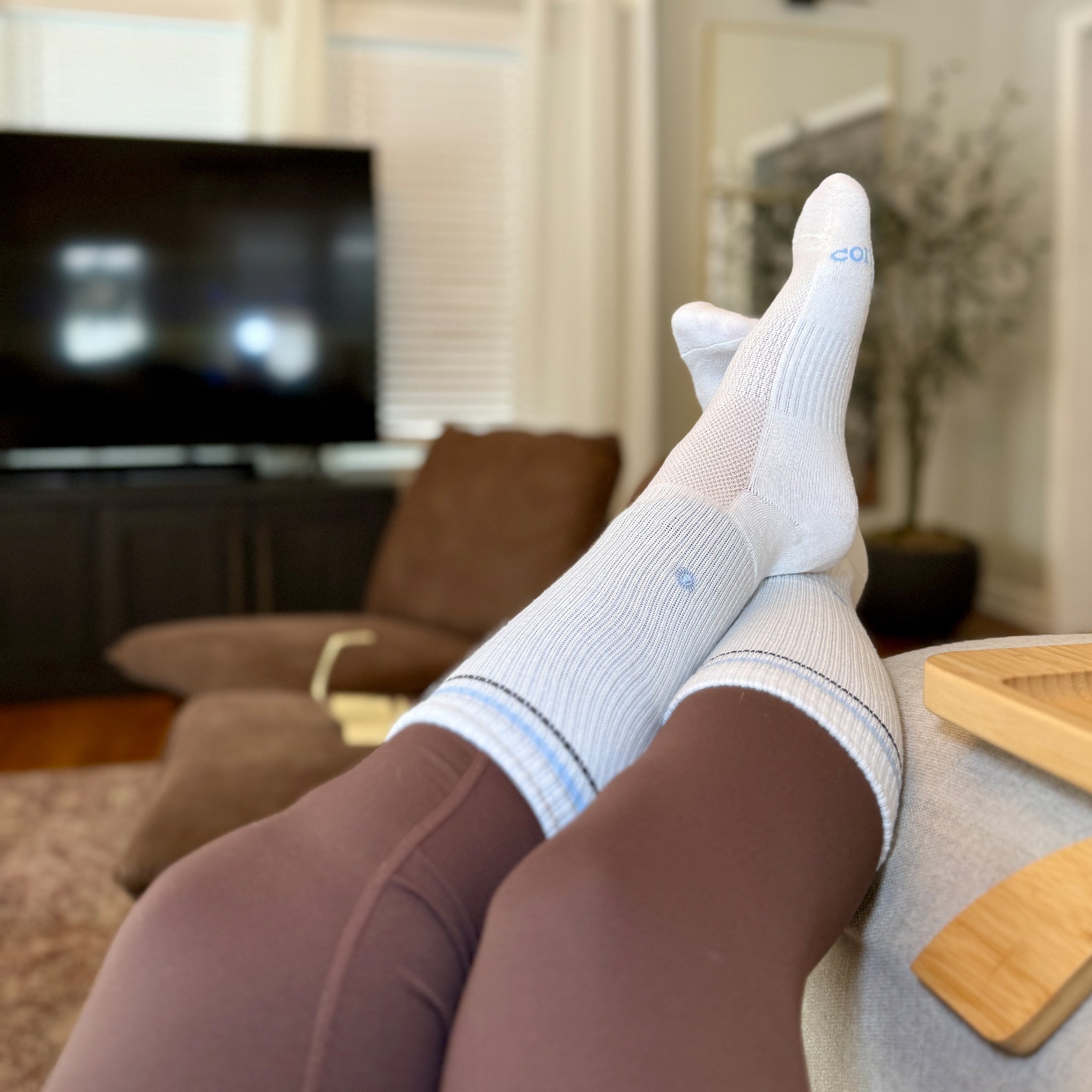Comfort Crew Socks that Support Mental Health — ribbed organic cotton crew socks, white/blue/navy, supports NAMI