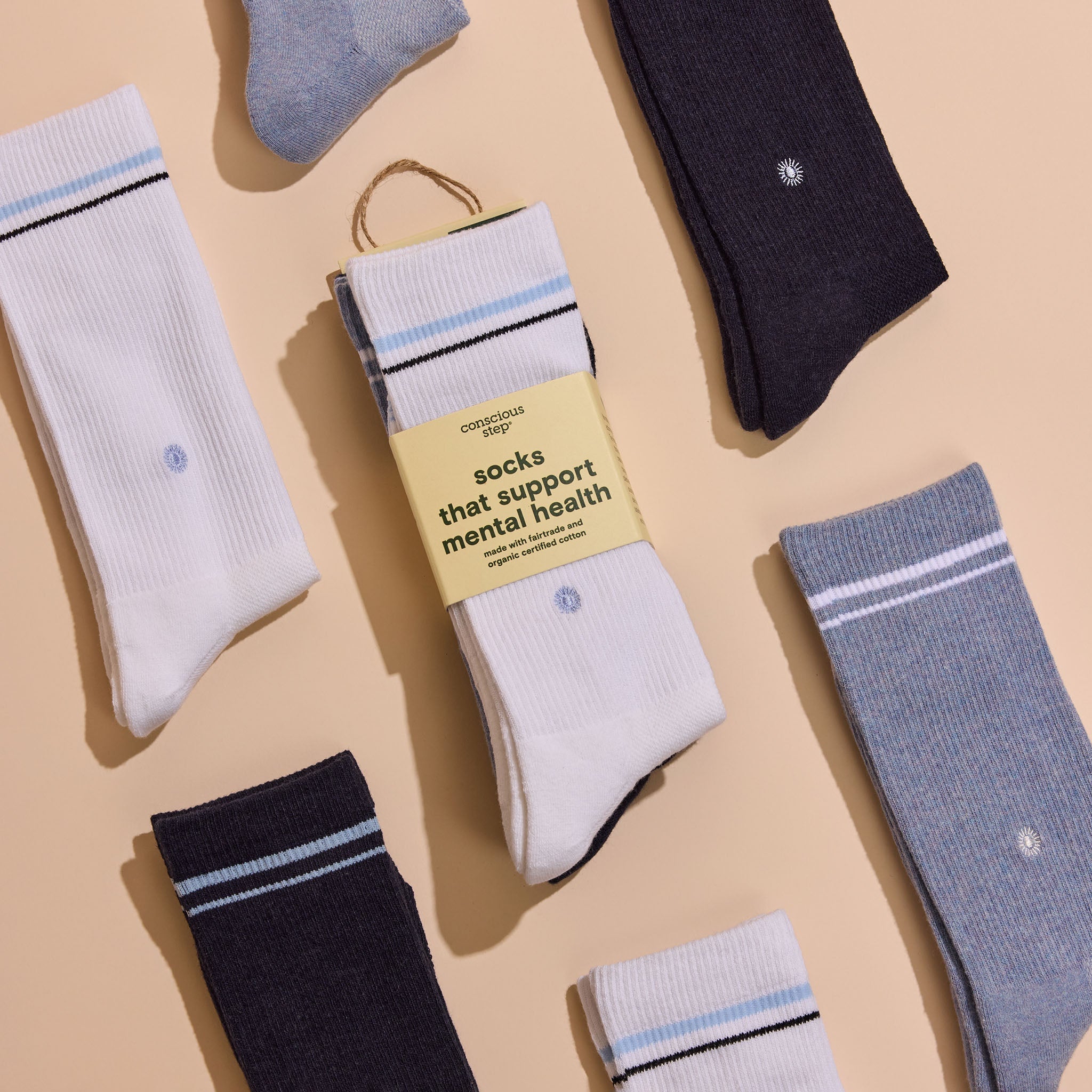 Comfort Crew Socks that Support Mental Health — ribbed organic cotton crew socks, white/blue/navy, supports NAMI