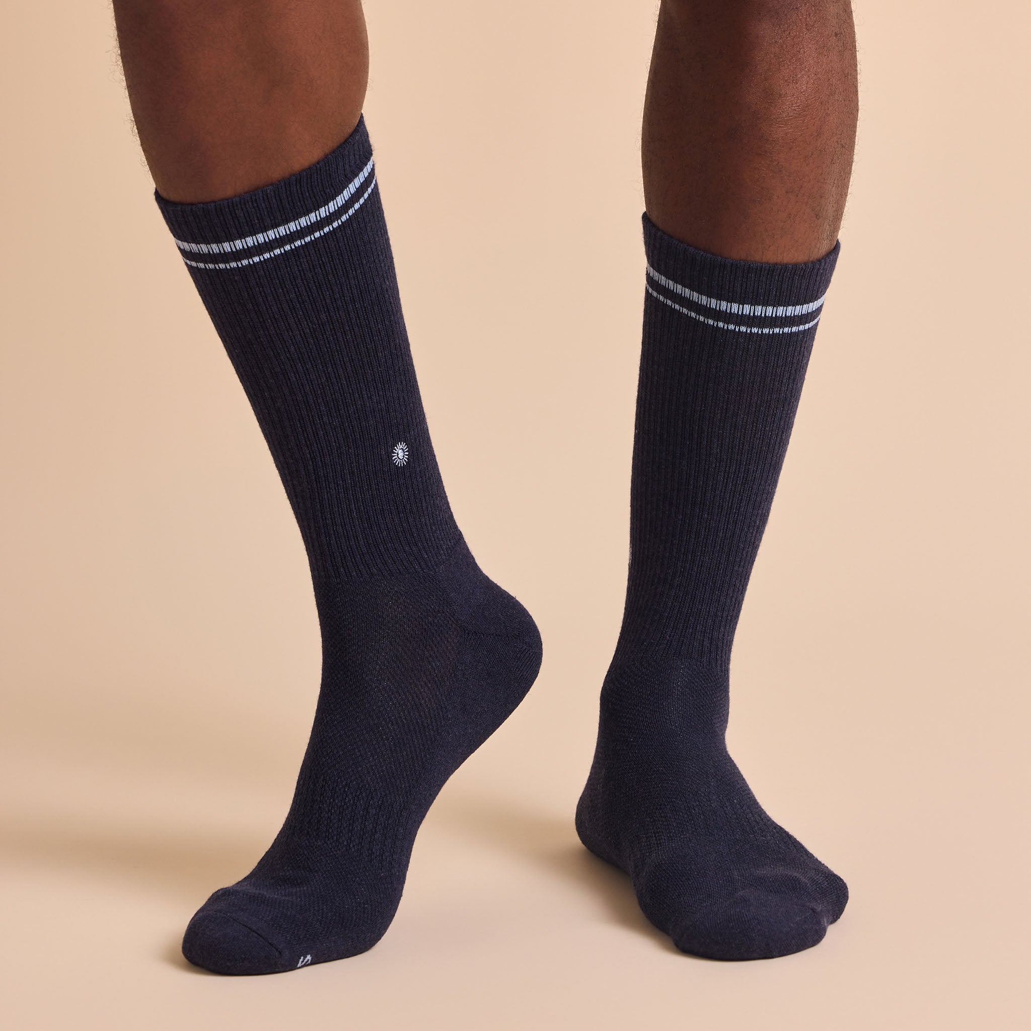 Comfort Crew Socks that Support Mental Health — ribbed organic cotton crew socks, white/blue/navy, supports NAMI