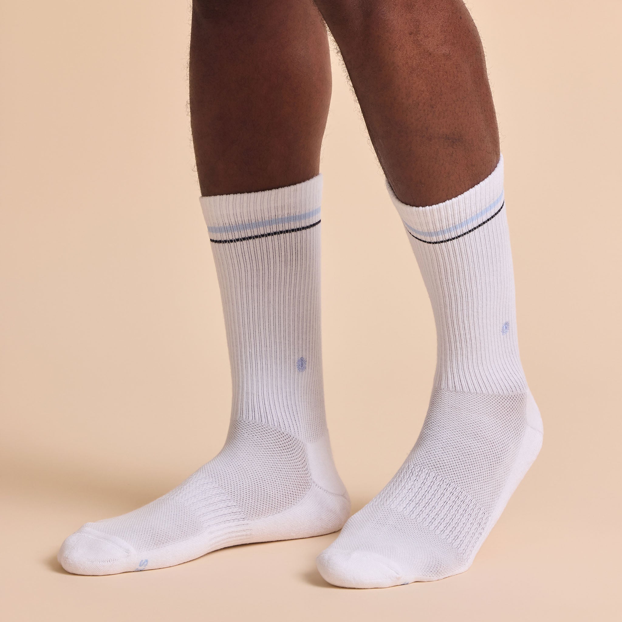 Comfort Crew Socks that Support Mental Health — ribbed organic cotton crew socks, white/blue/navy, supports NAMI