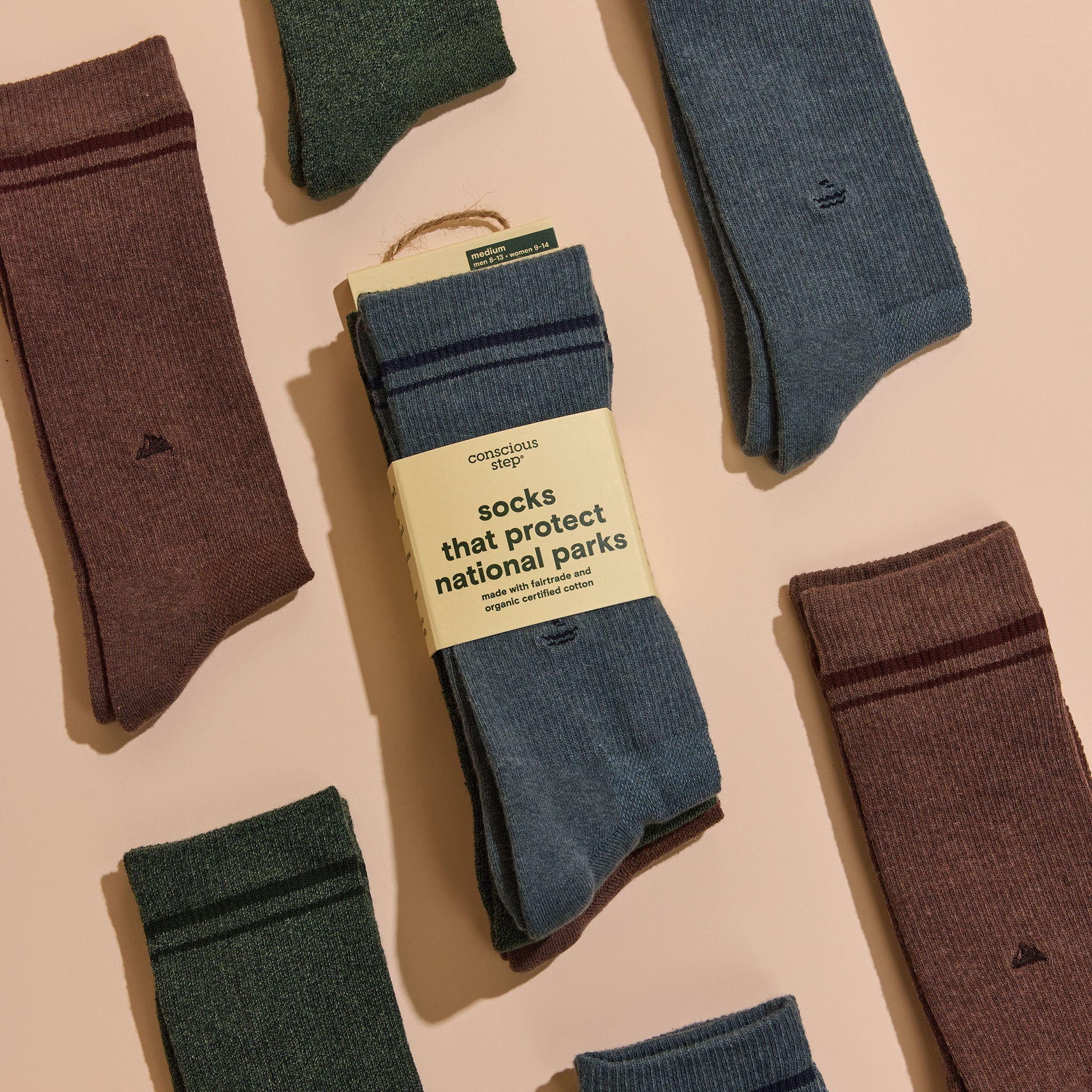 Comfort Crew Socks that Protect National Parks — ribbed organic cotton crew socks in blue, green & brown