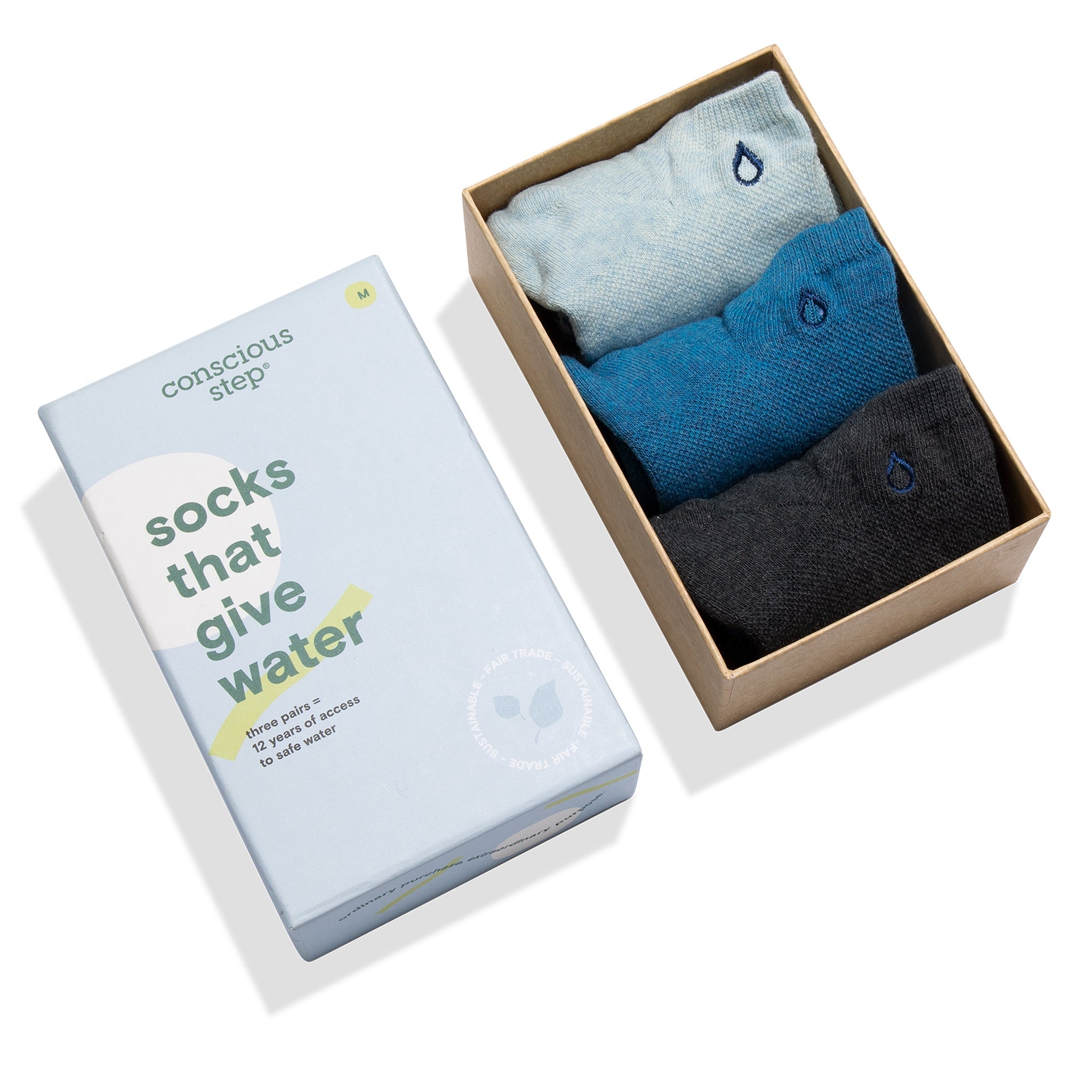 Socks that Give Water 3-pack — organic cotton ankle socks in blue & gray, water-drop embroidery