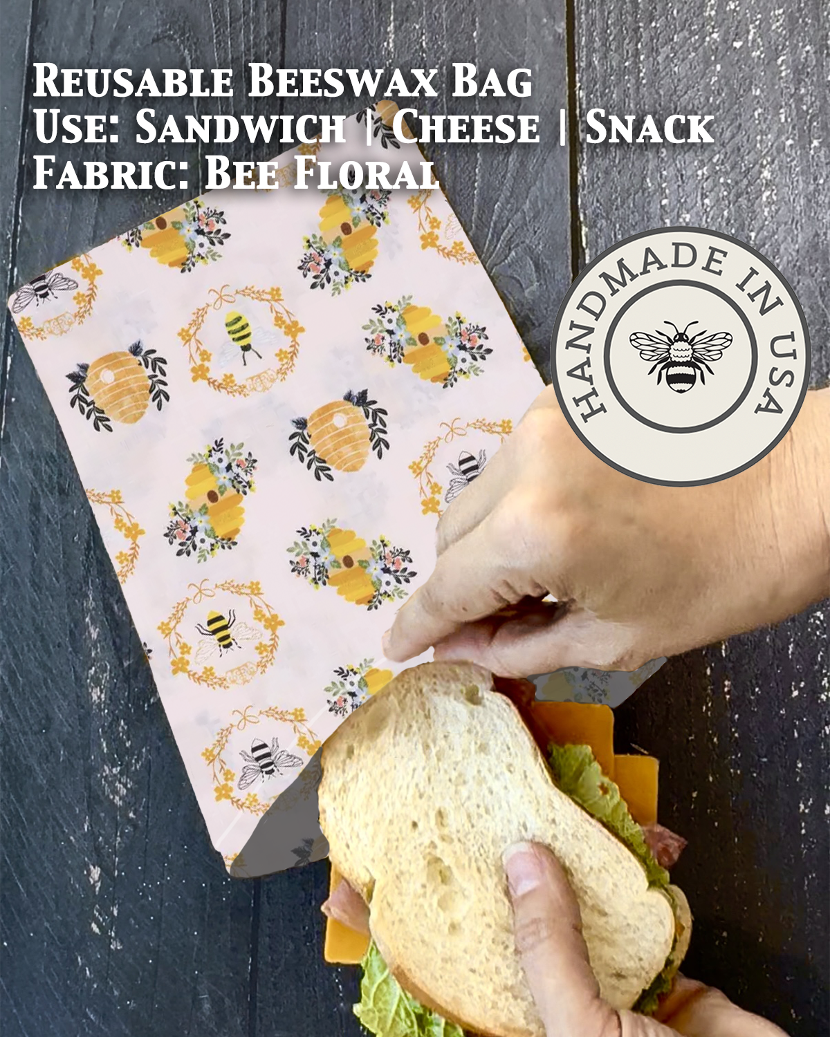 Beeswax snack bag in Bee Floral print — organic cotton, plastic-free