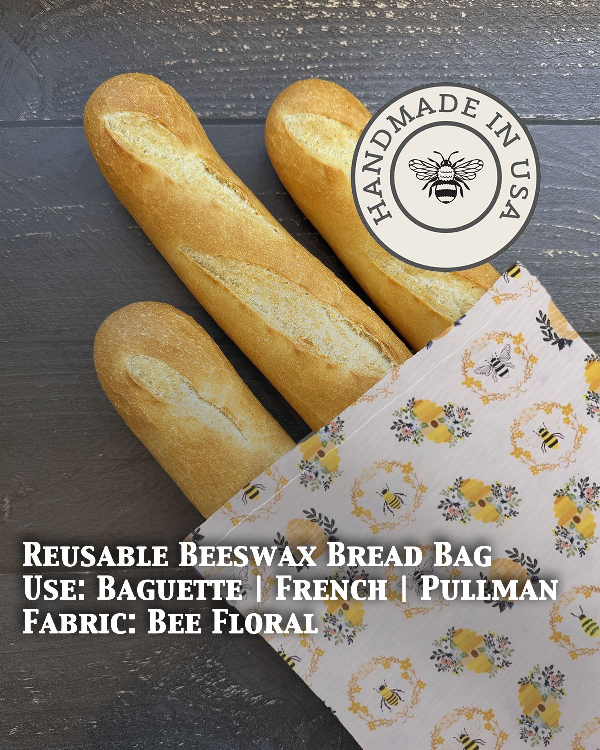 Beeswax baguette bag in Bee Floral print — organic cotton, plastic-free