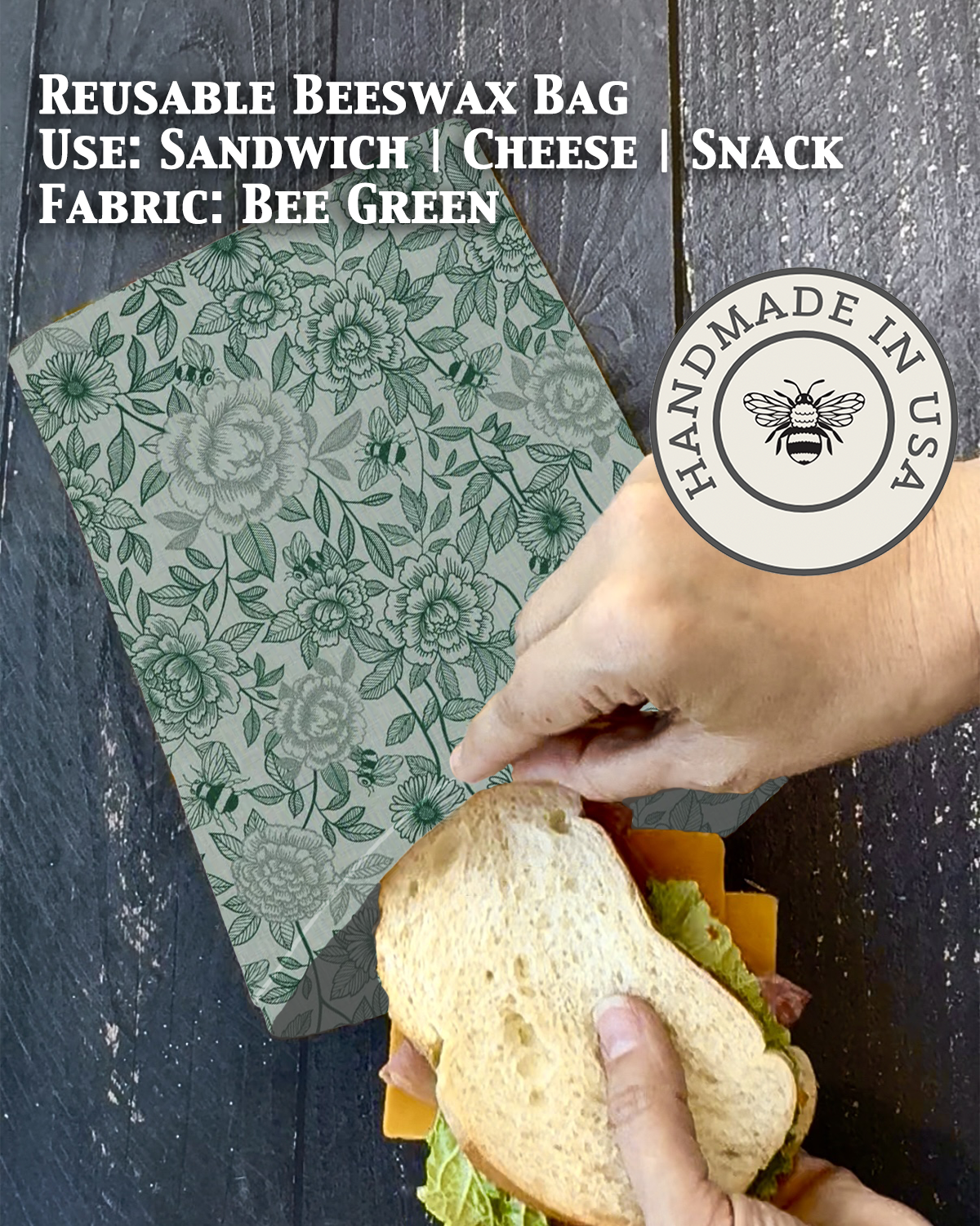 Beeswax snack bag in Bee Green print — organic cotton, plastic-free