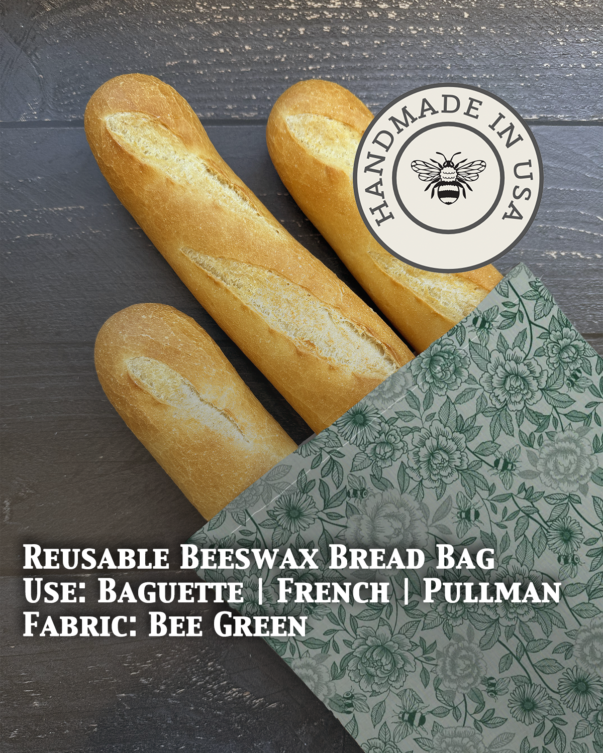 Beeswax baguette bag in Bee Green print — organic cotton, plastic-free