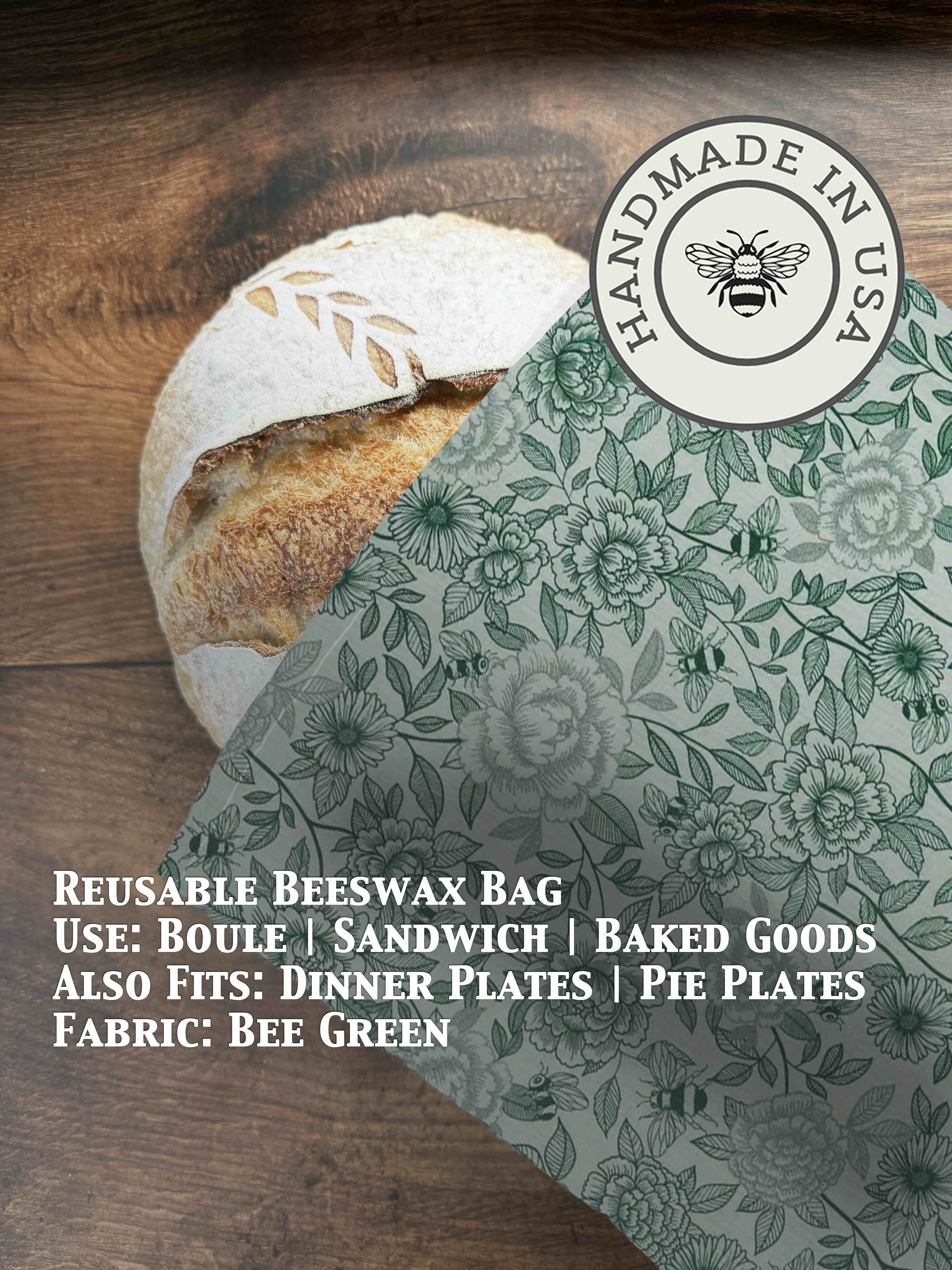 Beeswax bread bag in Bee Green print — organic cotton, plastic-free