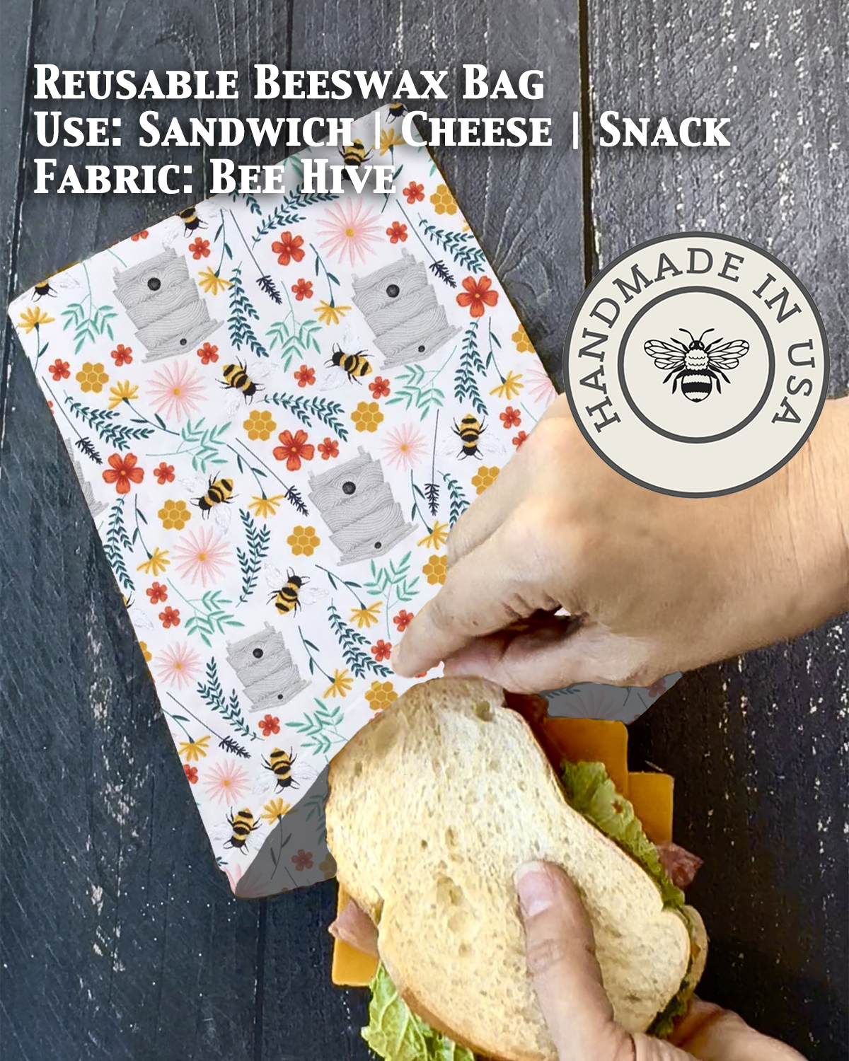 Beeswax snack bag in Bee Hive print — organic cotton, plastic-free