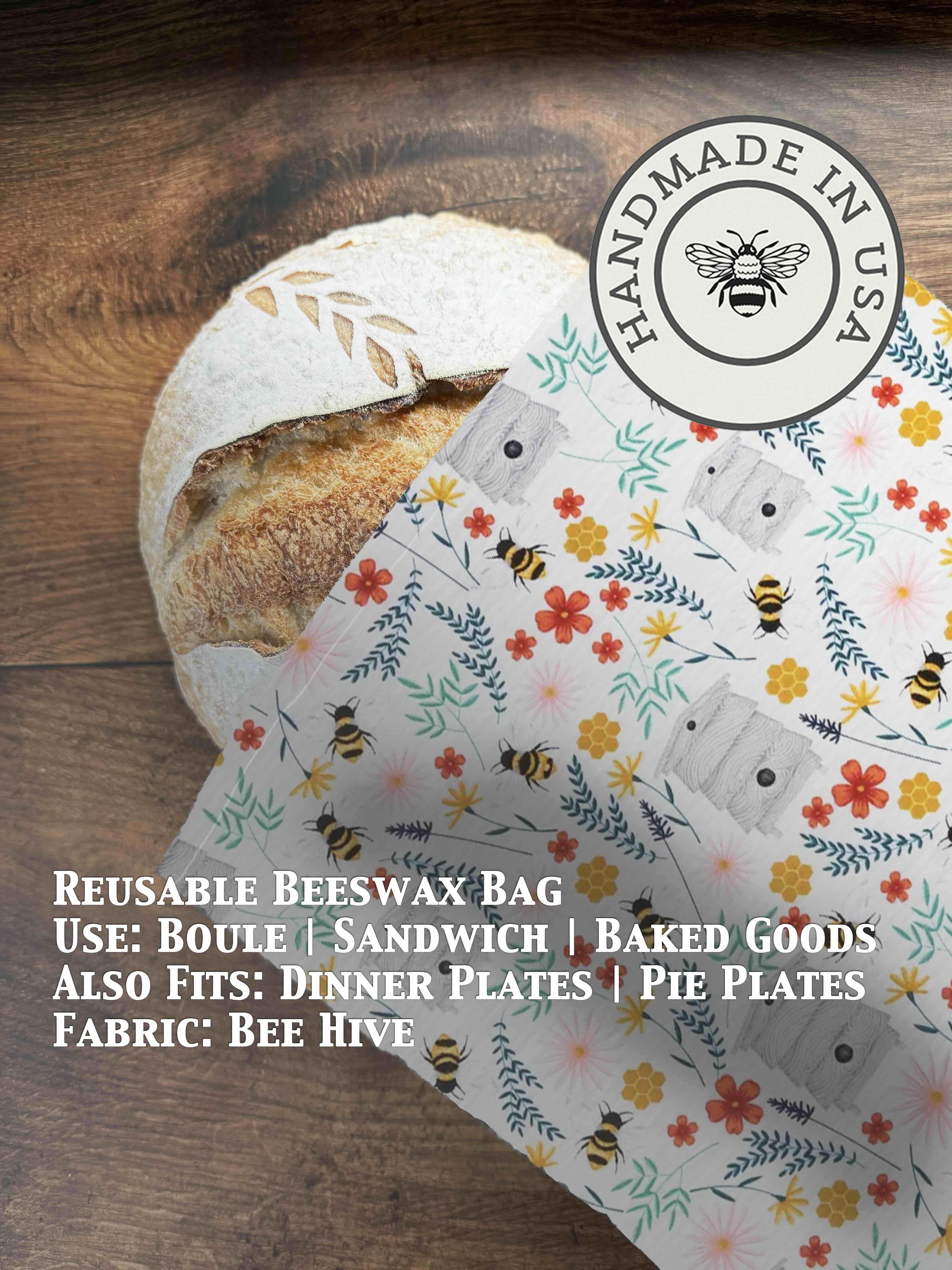Beeswax bread bag in Bee Hive print — organic cotton, plastic-free