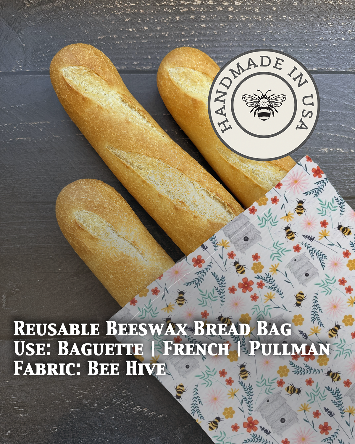 Beeswax baguette bag in Bee Hive print — organic cotton, plastic-free