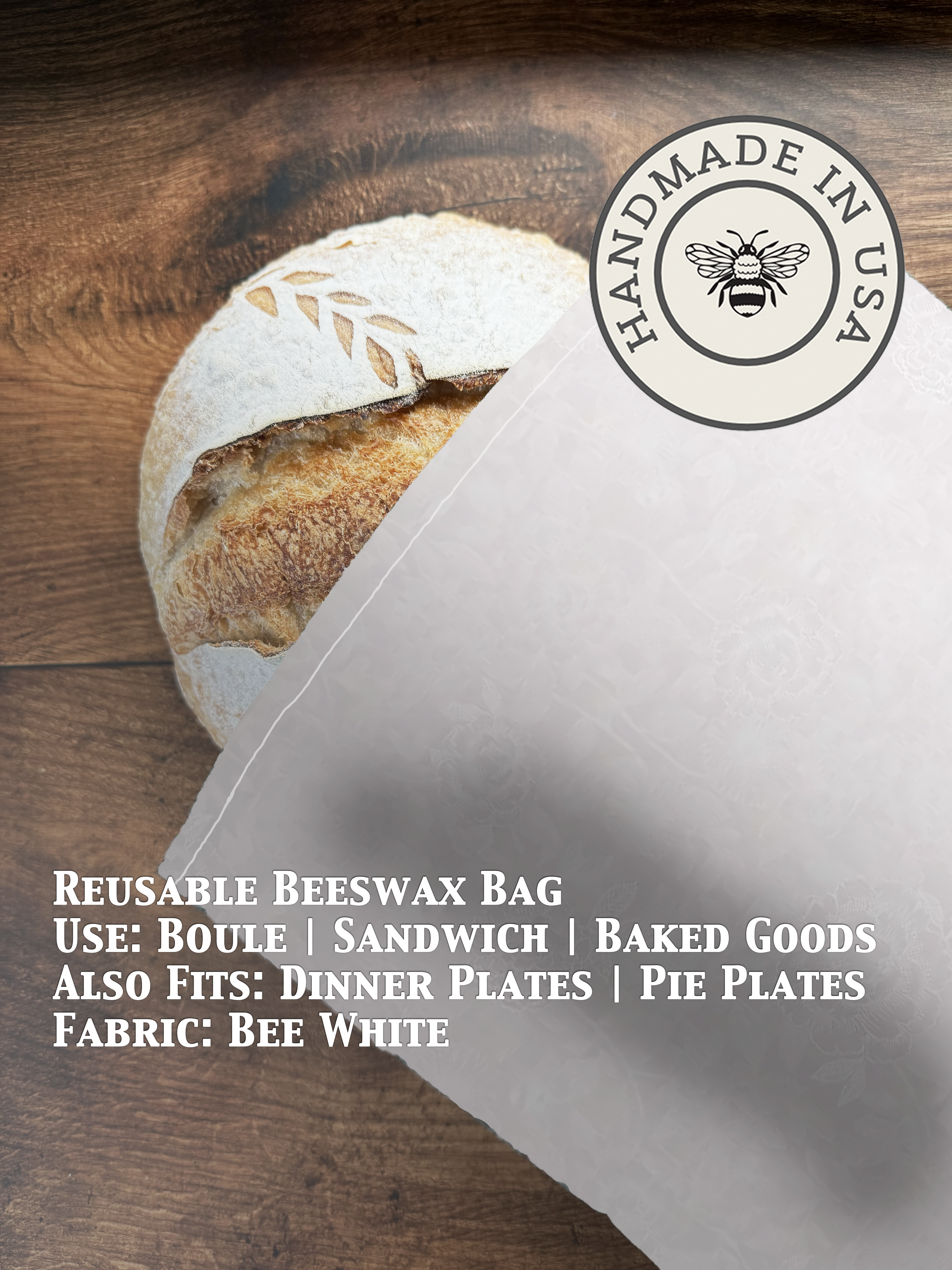 Beeswax bread bag in Bee White print — organic cotton, plastic-free