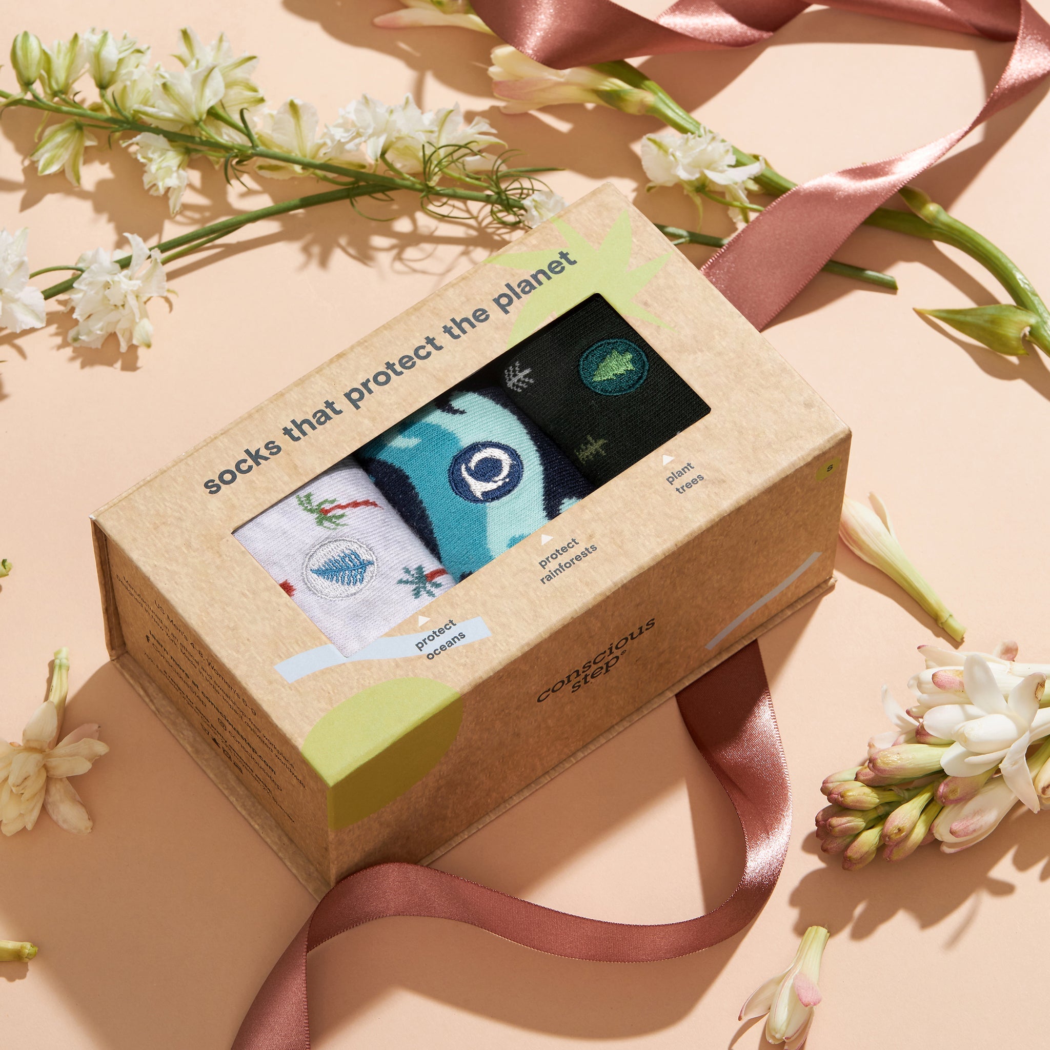Protect the Planet Gift Box — organic cotton crew socks with waves, trees & palms, gives back