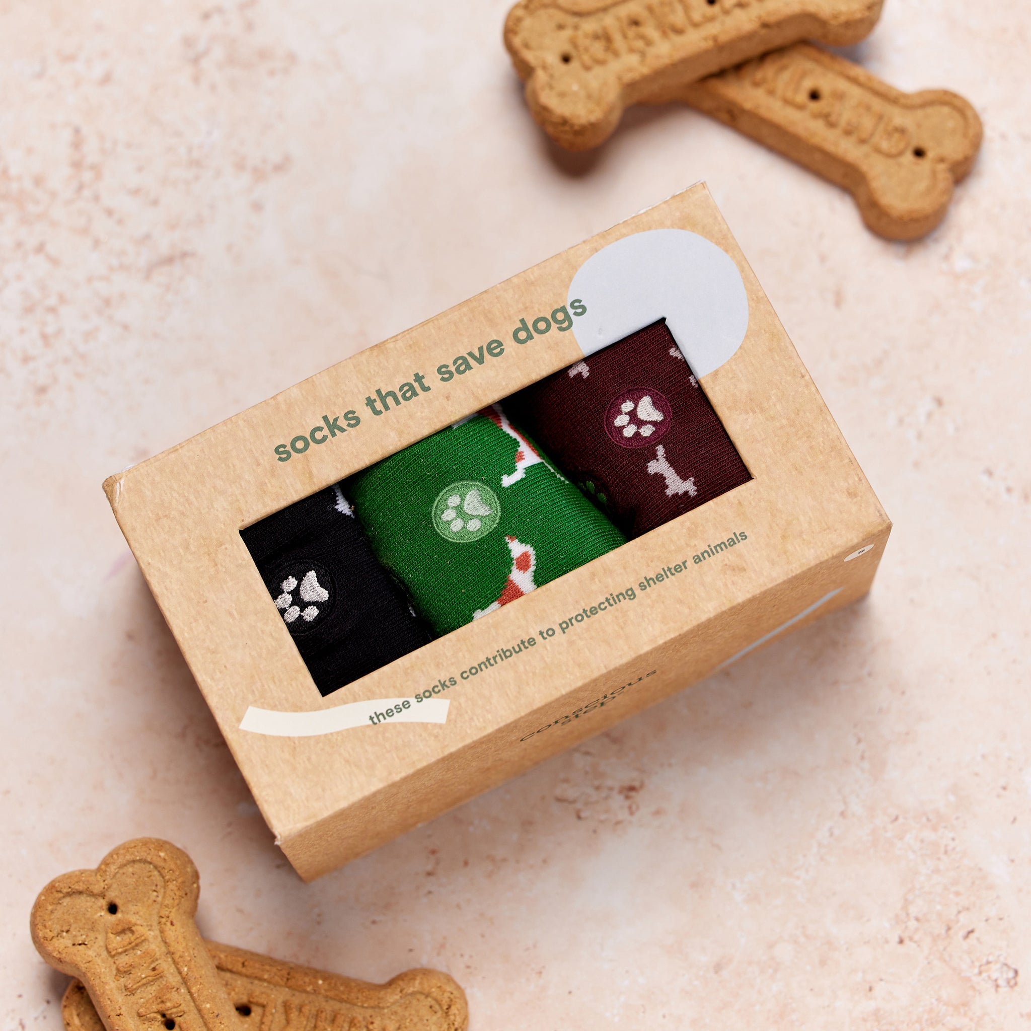 Save Dogs Gift Box — organic cotton crew socks for dog lovers, 3 pairs, gives back