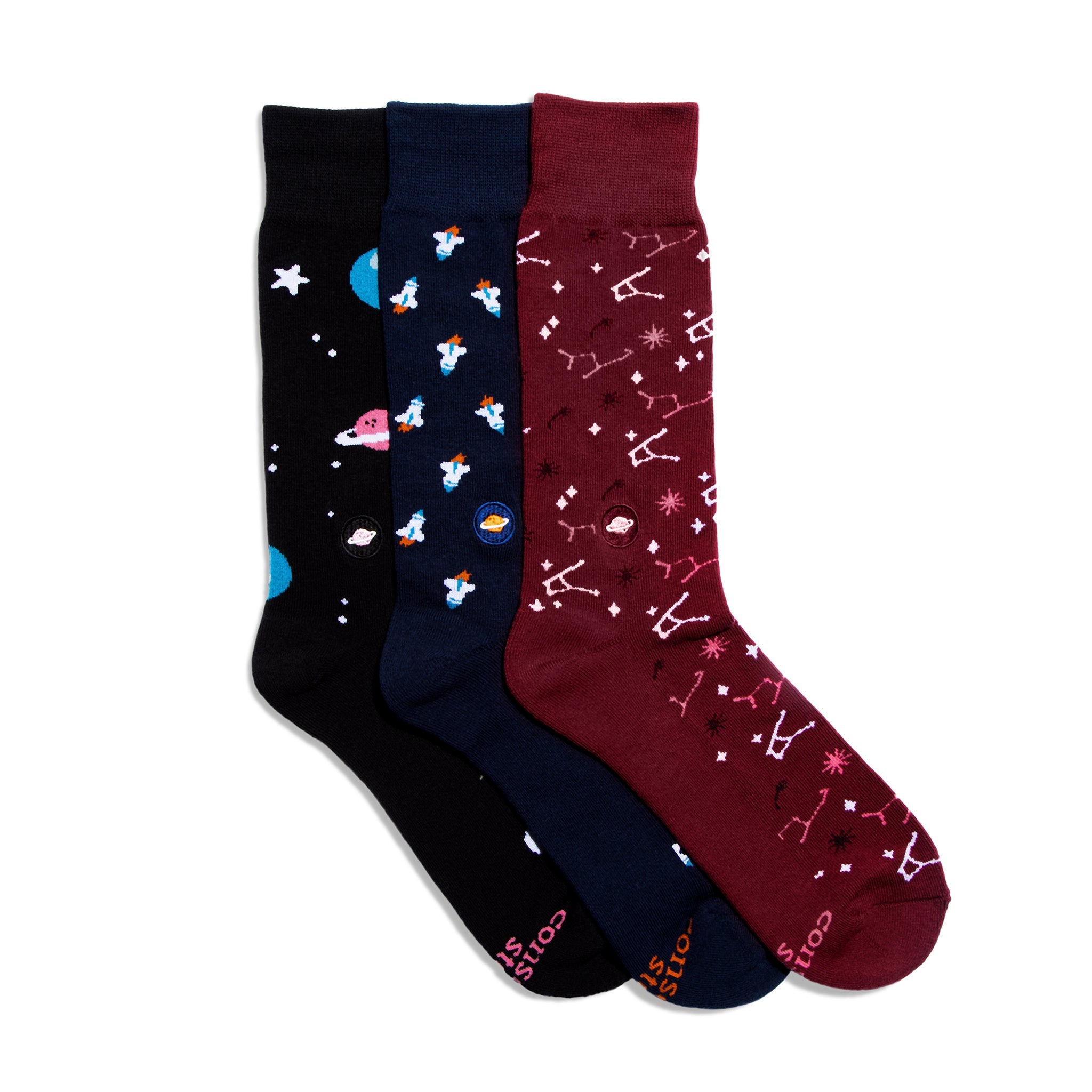 Support Space Exploration Gift Box — organic cotton crew socks: rocket, constellation & galaxy