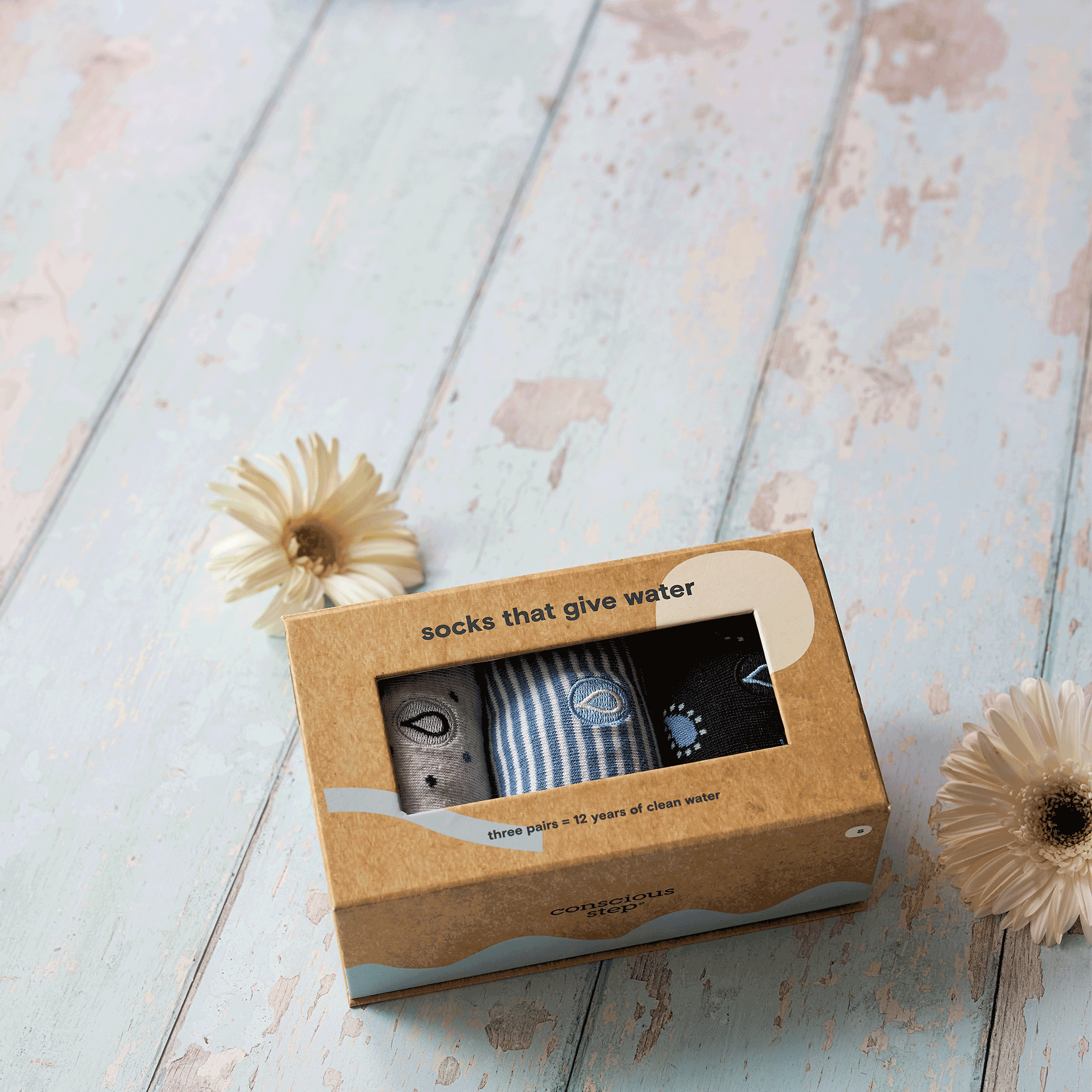 Give Water Gift Box — organic cotton crew sock gift set, 3 pairs, Fairtrade & GOTS, gives clean water