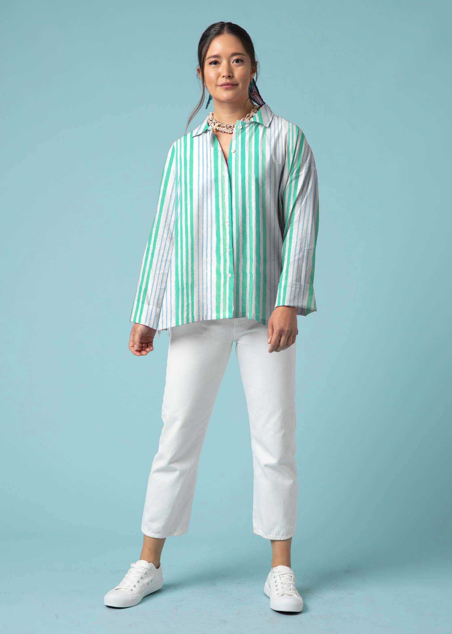 Relaxed Boyfriend Shirt - Mixed Up Stripe Cerulean Seaglass