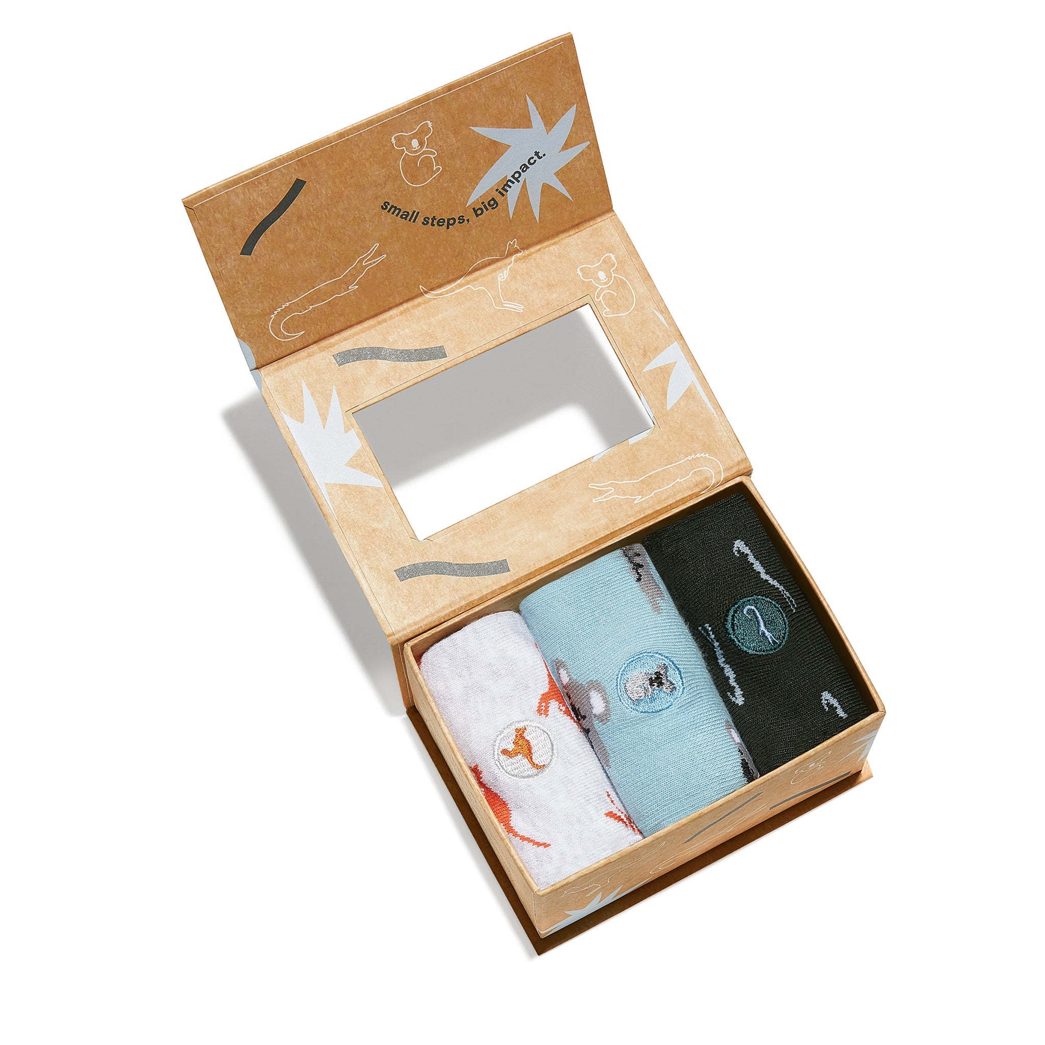 Kids Socks that Protect Animals gift box — organic cotton kids' socks: kangaroos, crocodiles & koalas