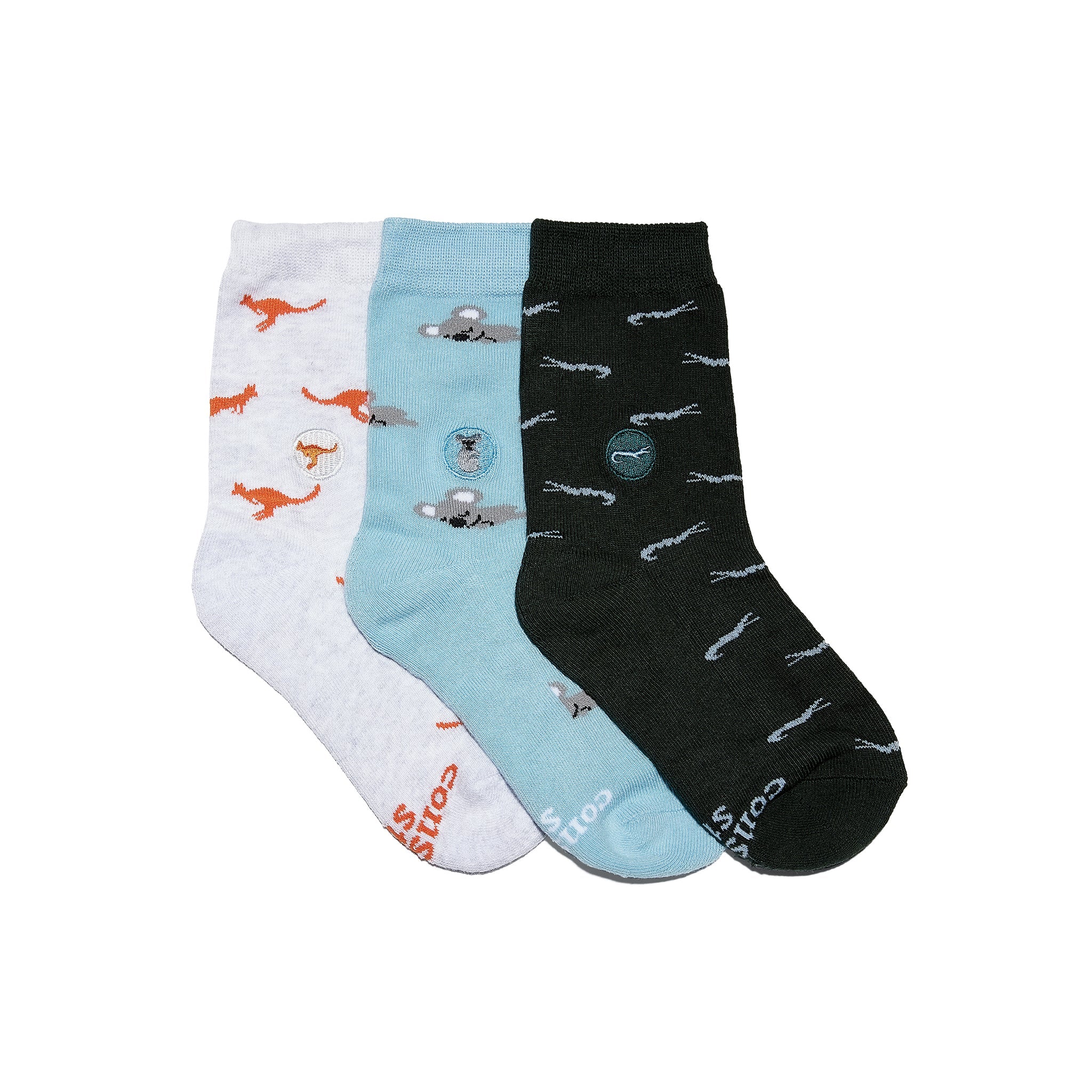Kids Socks that Protect Animals gift box — organic cotton kids' socks: kangaroos, crocodiles & koalas
