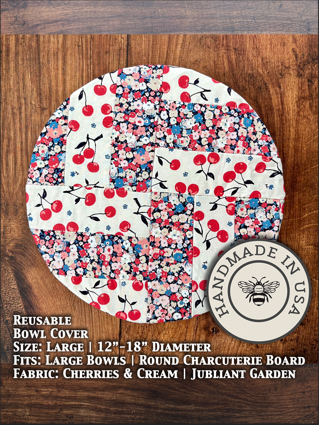 Large cotton bowl cover in Cherries & Cream / Jubilant Garden pattern — Five Oaks Farm