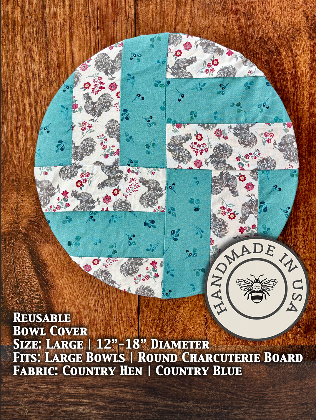 Large cotton bowl cover in Country Hen / Country Blue pattern — Five Oaks Farm