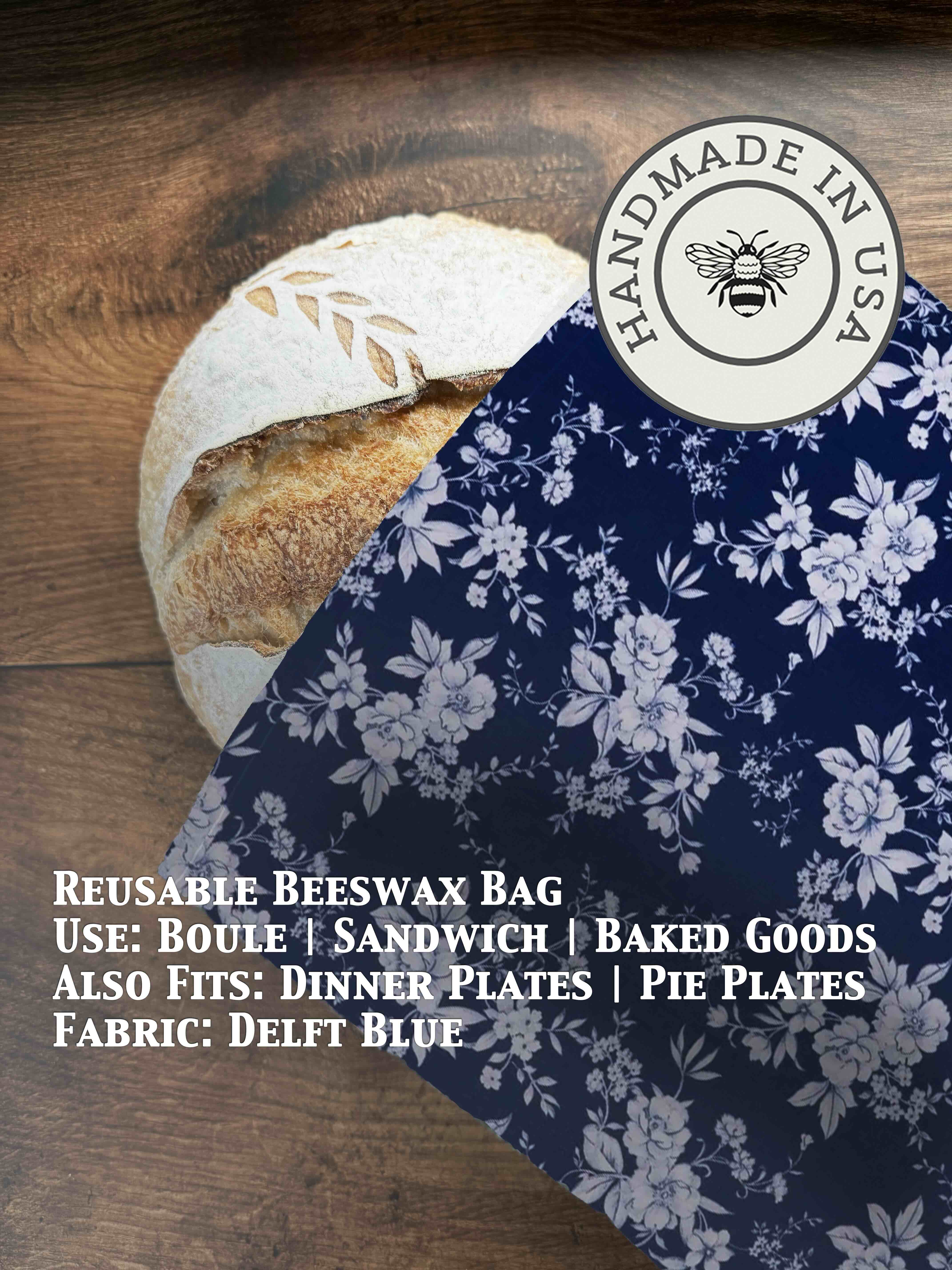 Beeswax bread bag in Delft Blue print — organic cotton, plastic-free
