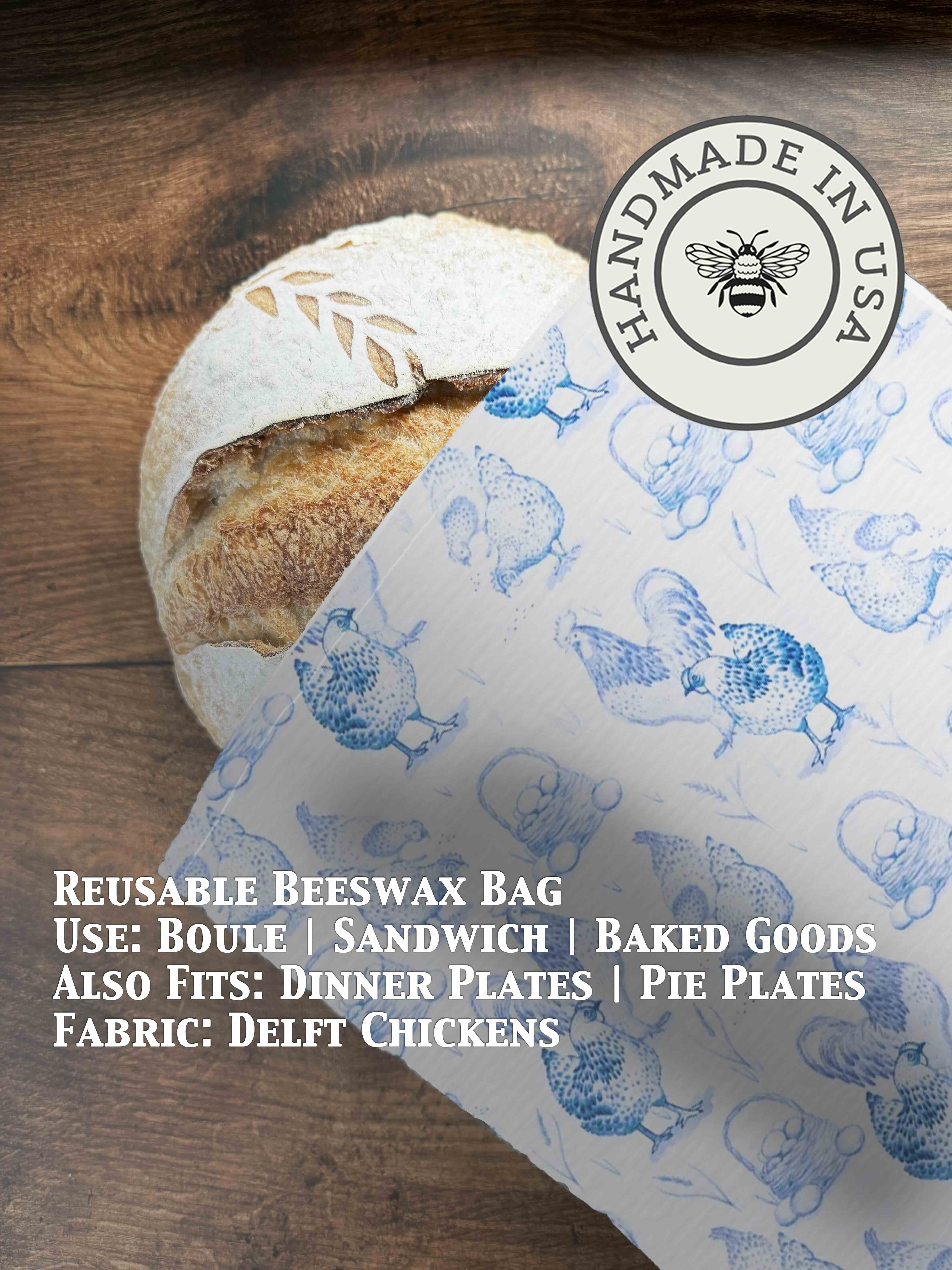 Beeswax bread bag in Delft Chickens print — organic cotton, plastic-free