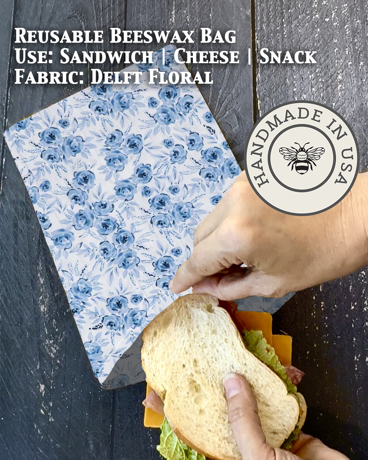 Beeswax snack bag in Delft Floral print — organic cotton, plastic-free