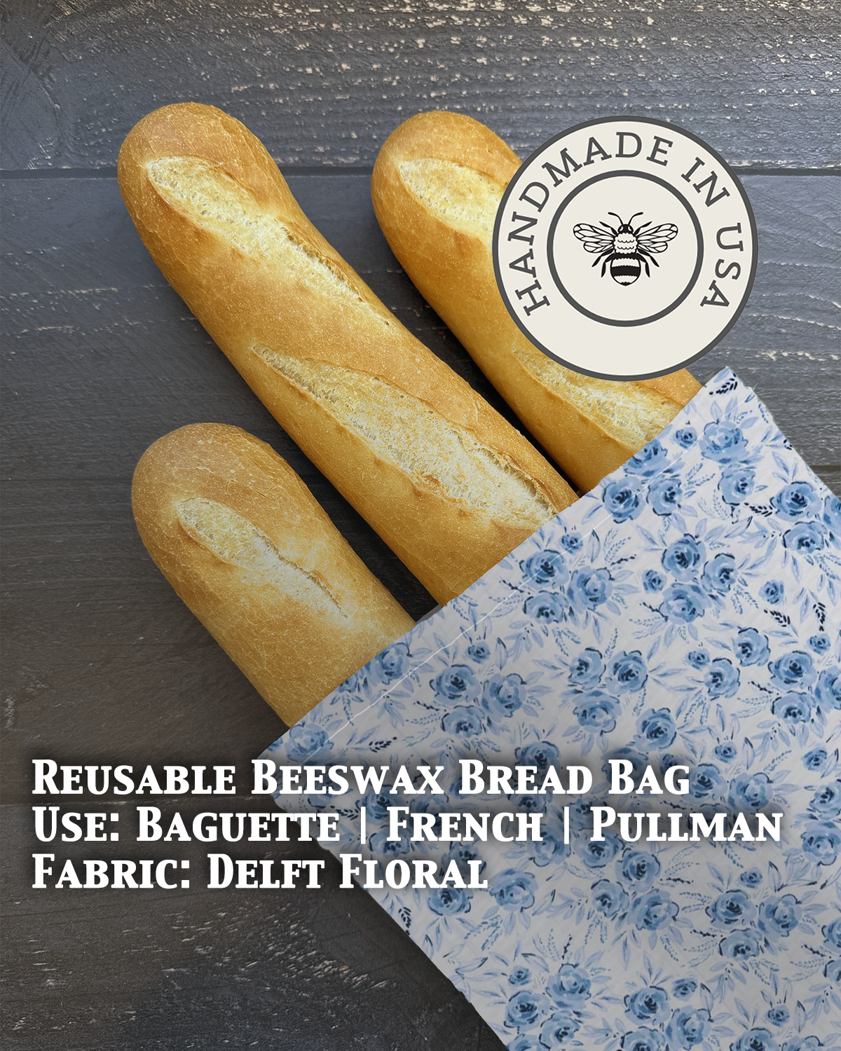 Beeswax baguette bag in Delft Floral print — organic cotton, plastic-free