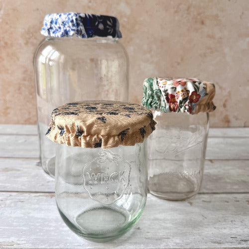Handmade cotton jar covers by Five Oaks Farm — reusable, plastic-free