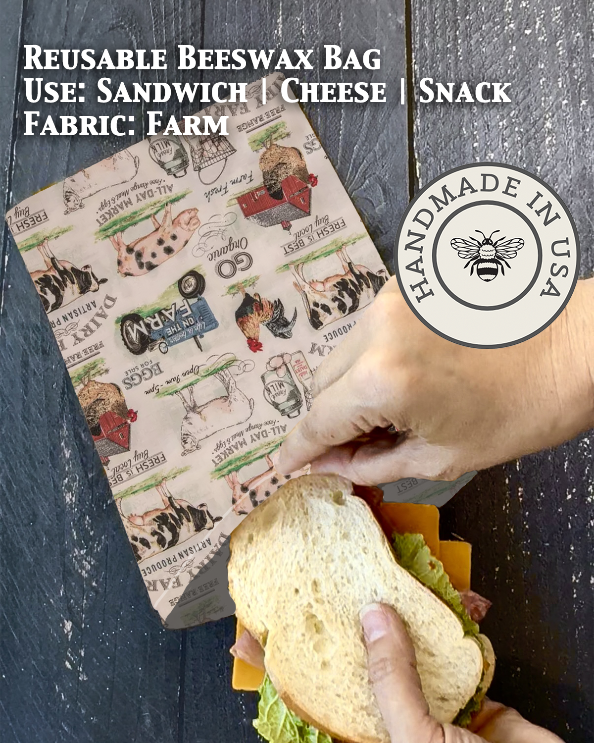 Beeswax snack bag in Farm print — organic cotton, plastic-free