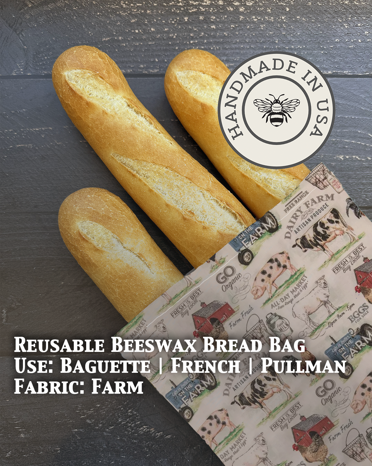 Beeswax baguette bag in Farm print — organic cotton, plastic-free