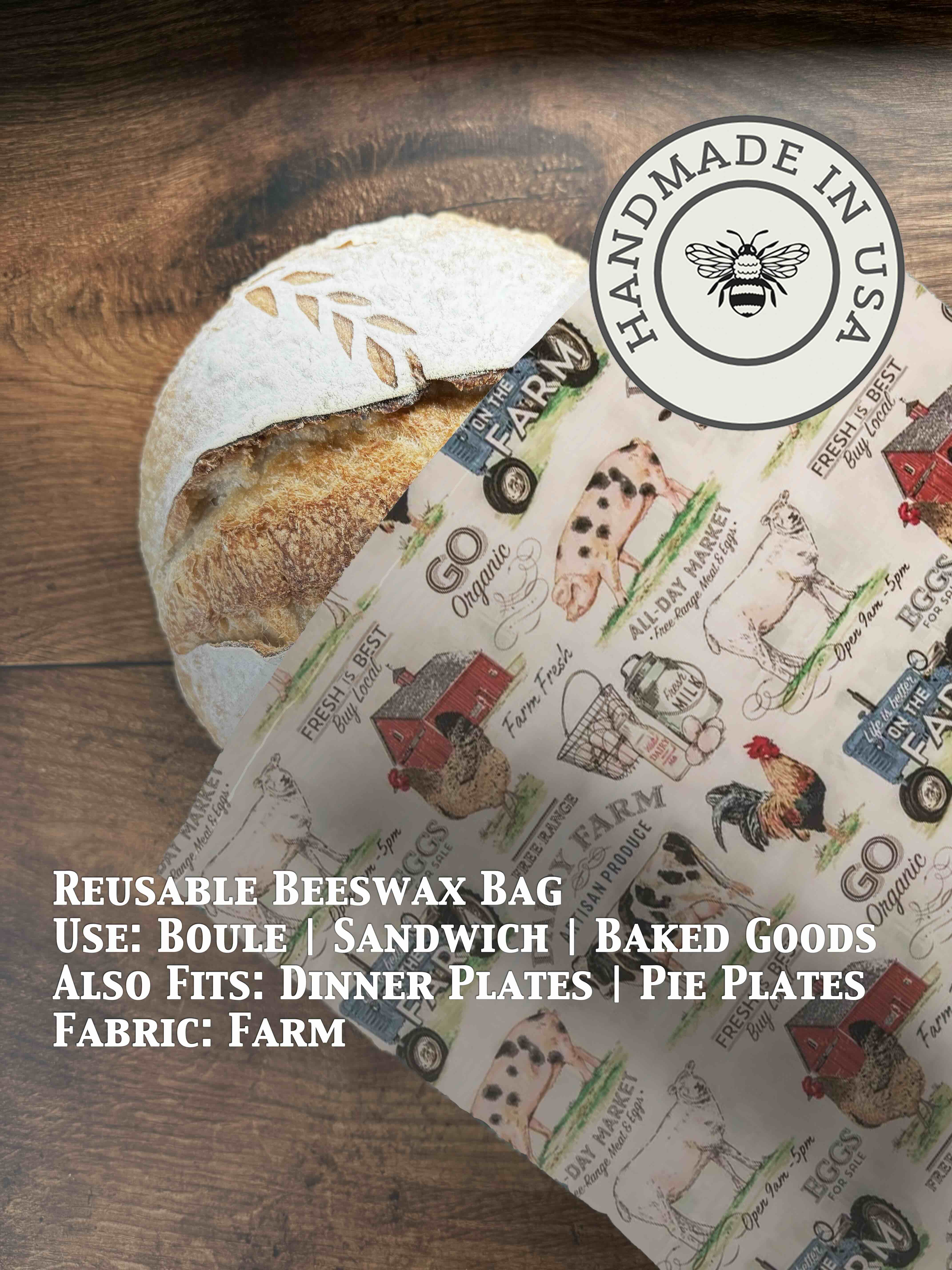 Beeswax bread bag in Farm print — organic cotton, plastic-free