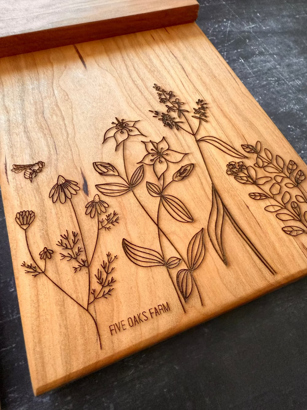Vertical cutting board engraving detail — Five Oaks Farm