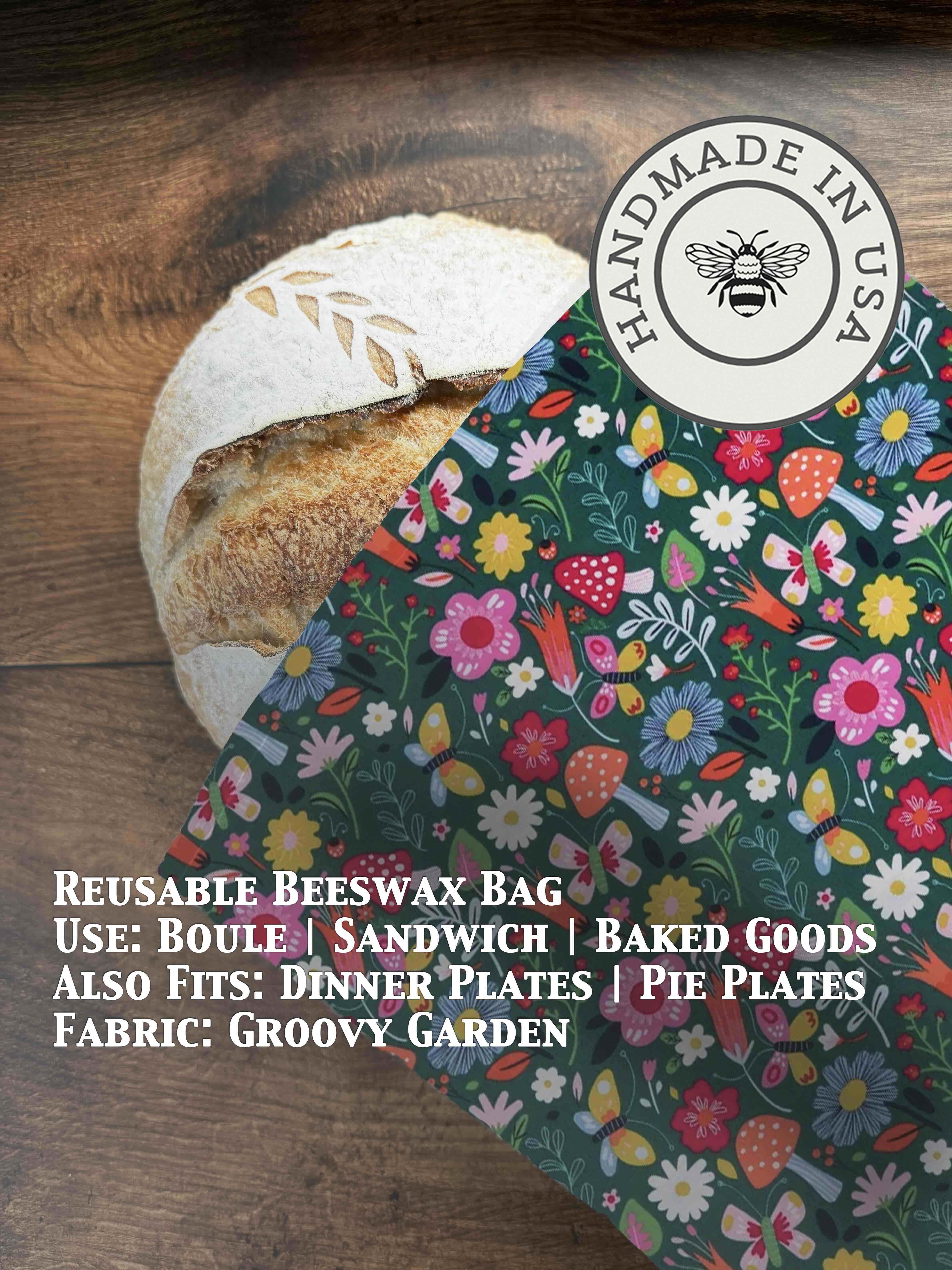 Beeswax bread bag in Groovy Garden print — organic cotton, plastic-free
