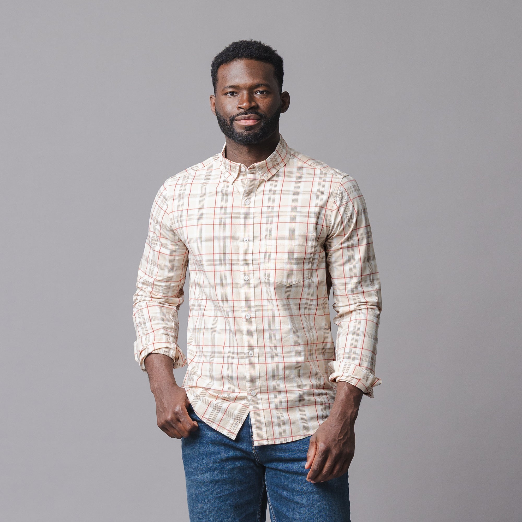 Organic Stretch Poplin Shirt in Fireside Plaid — front view