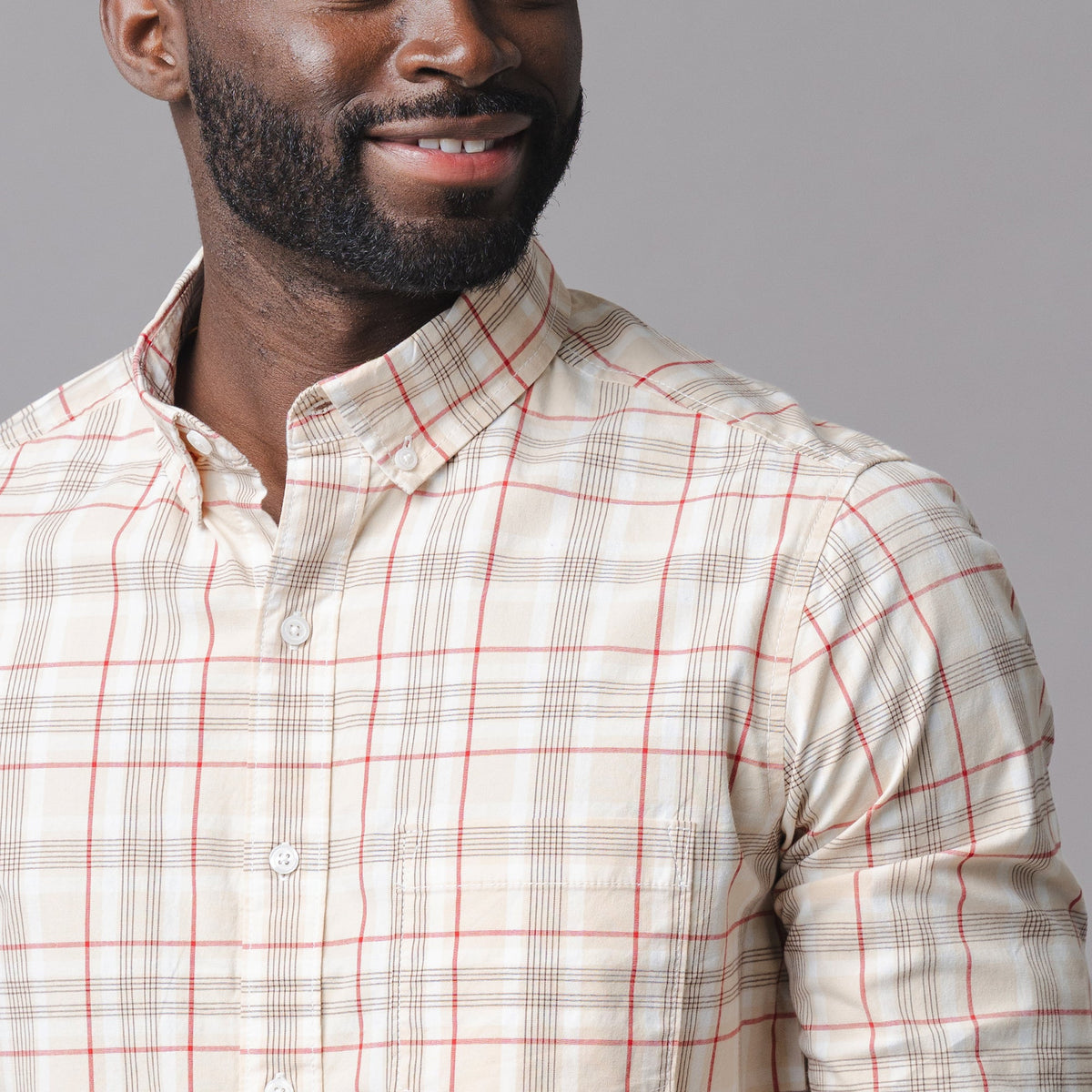 Organic Stretch Poplin Shirt in Fireside Plaid — back view