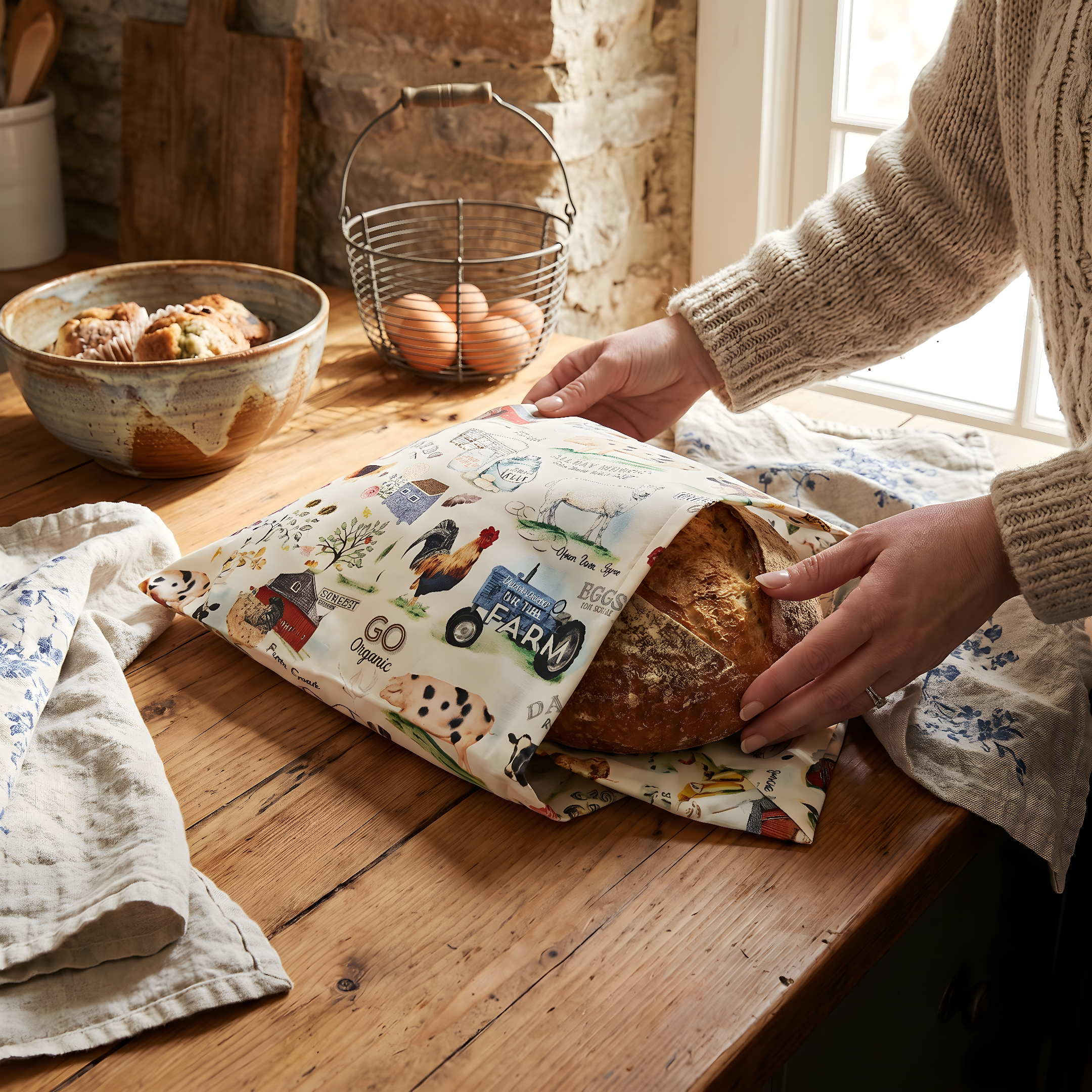 Beeswax bread bag holding a fresh homemade loaf on a kitchen counter