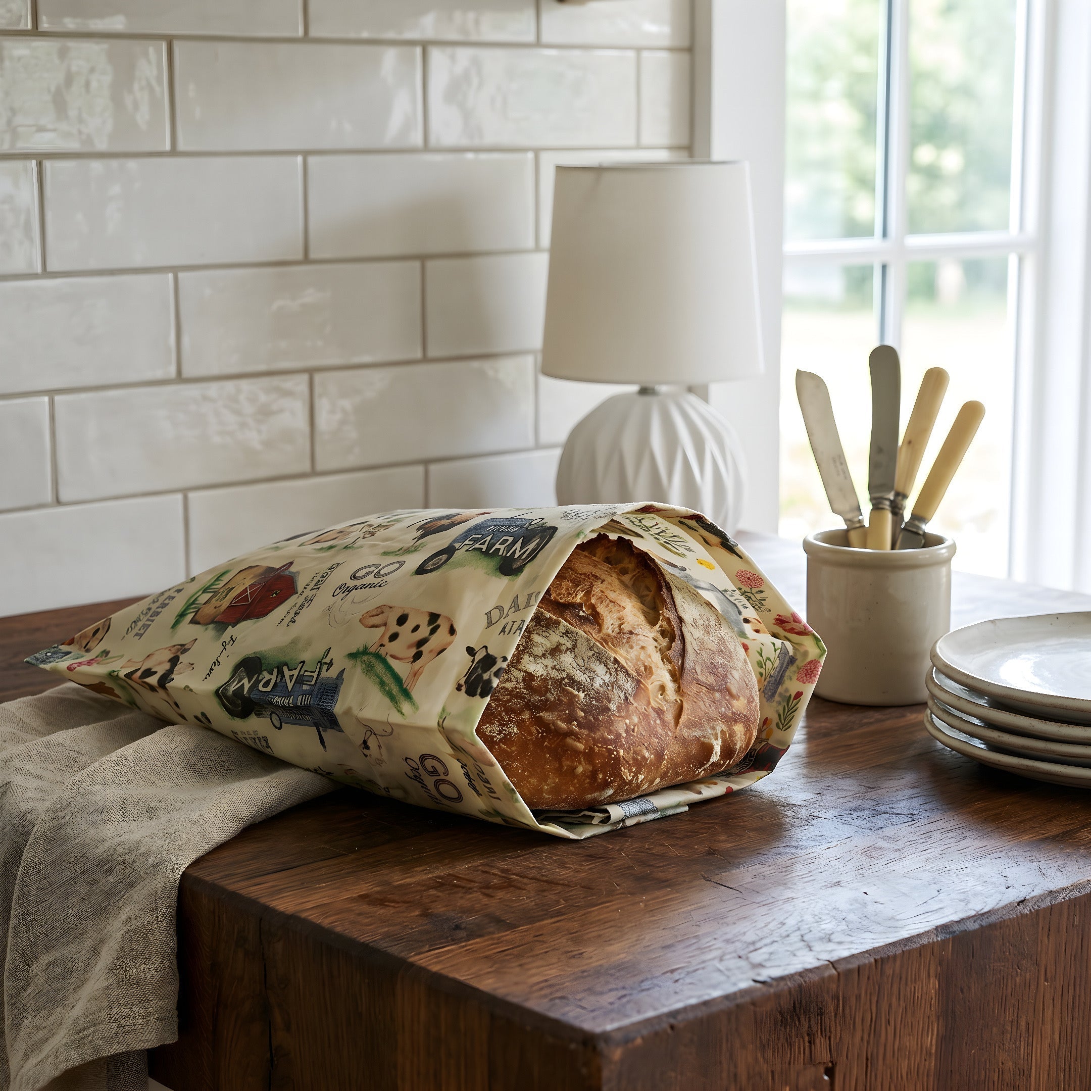 Five Oaks Farm beeswax bread bag showing the waxed cotton fabric
