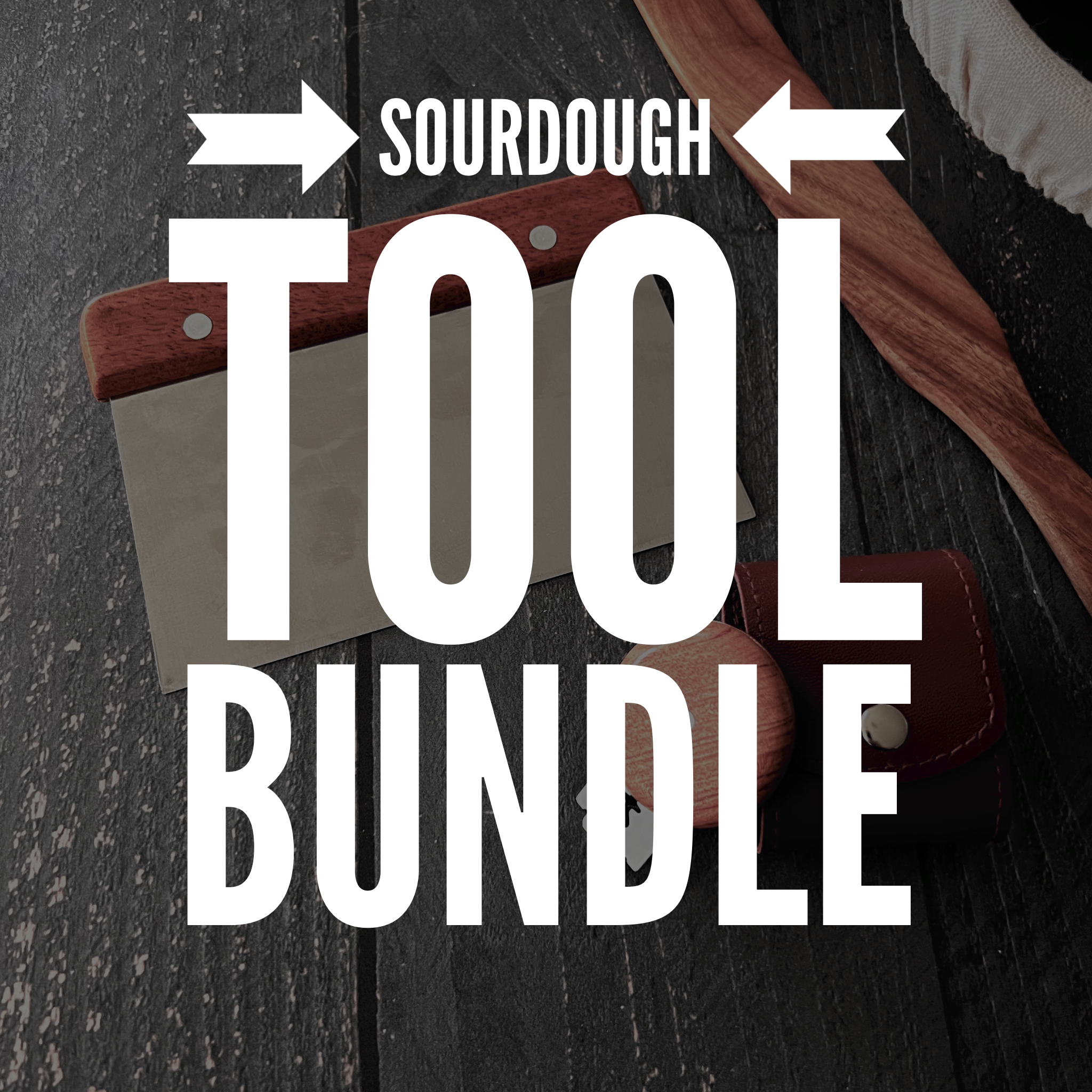 Five Oaks Farm sourdough tool set laid out — bench scraper, spurtle, bread lame