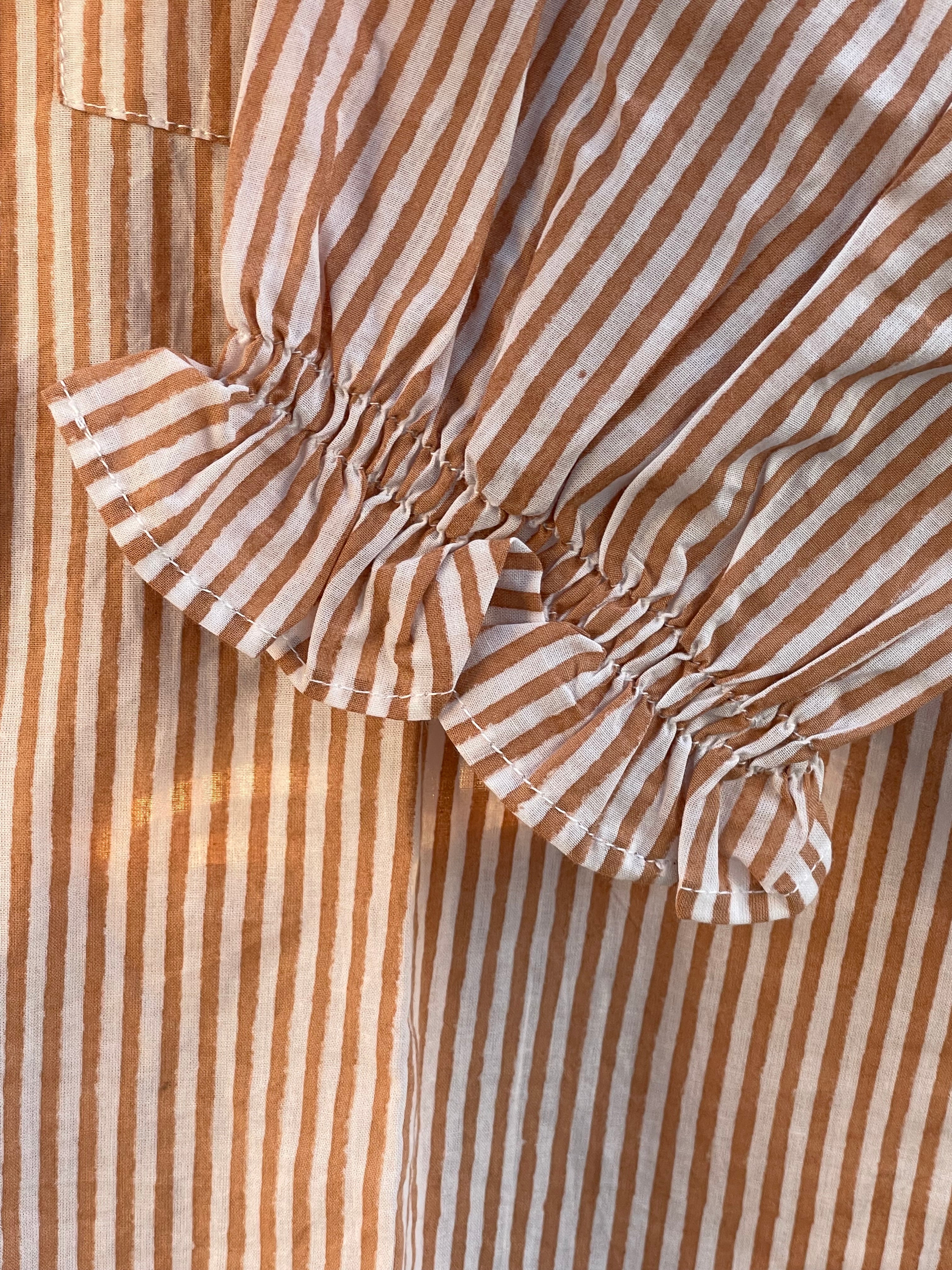 Good Girlfriend Shirt with Ruffle Trim Menswear Stripe Mocha