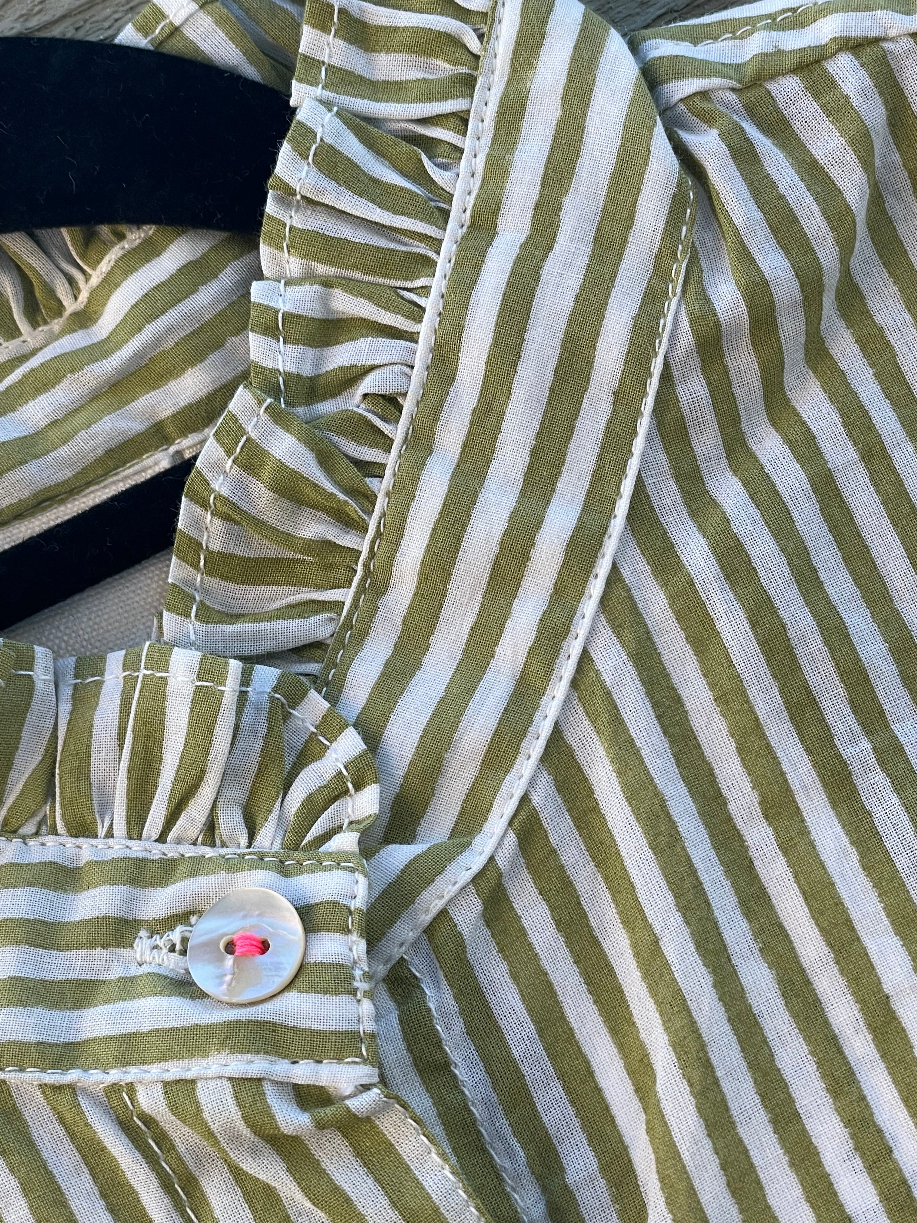 Good Girlfriend Shirt with Ruffle Trim Menswear Stripe Olive