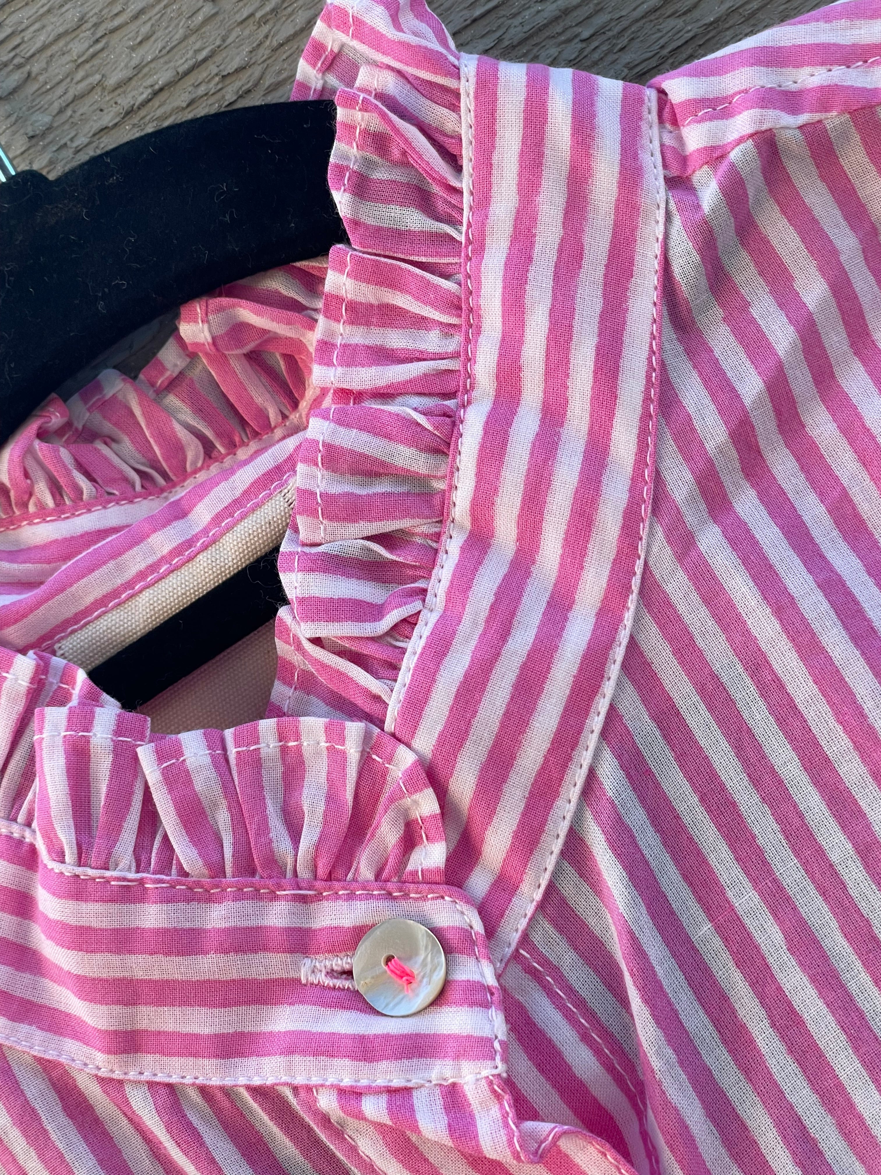 Good Girlfriend Shirt with Ruffle Trim Menswear Stripe Dahlia