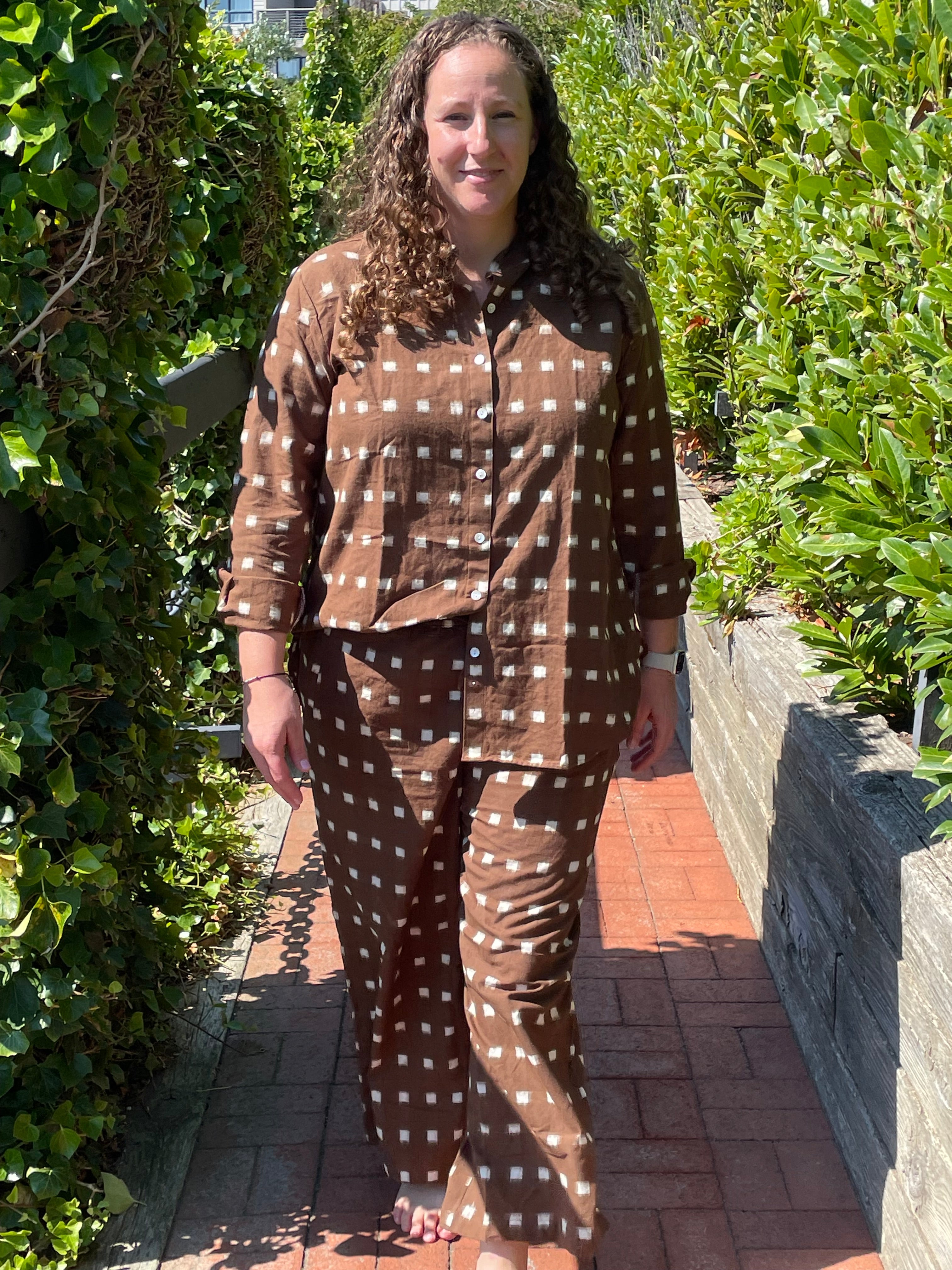 Mare Boxy Cropped Shirt Ikat Squares Mocha