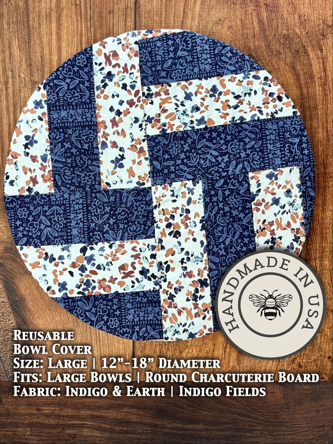Large cotton bowl cover in Indigo & Earth / Indigo Fields pattern — Five Oaks Farm